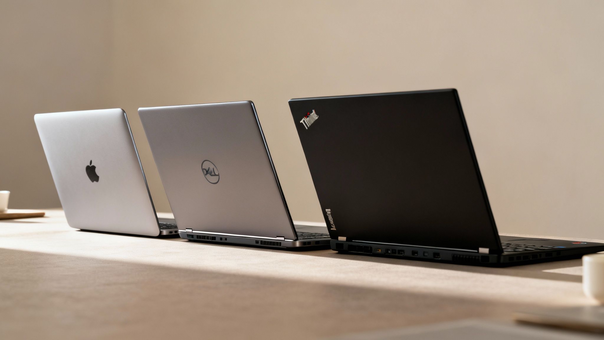 A lineup of different modern laptops showing various brands
