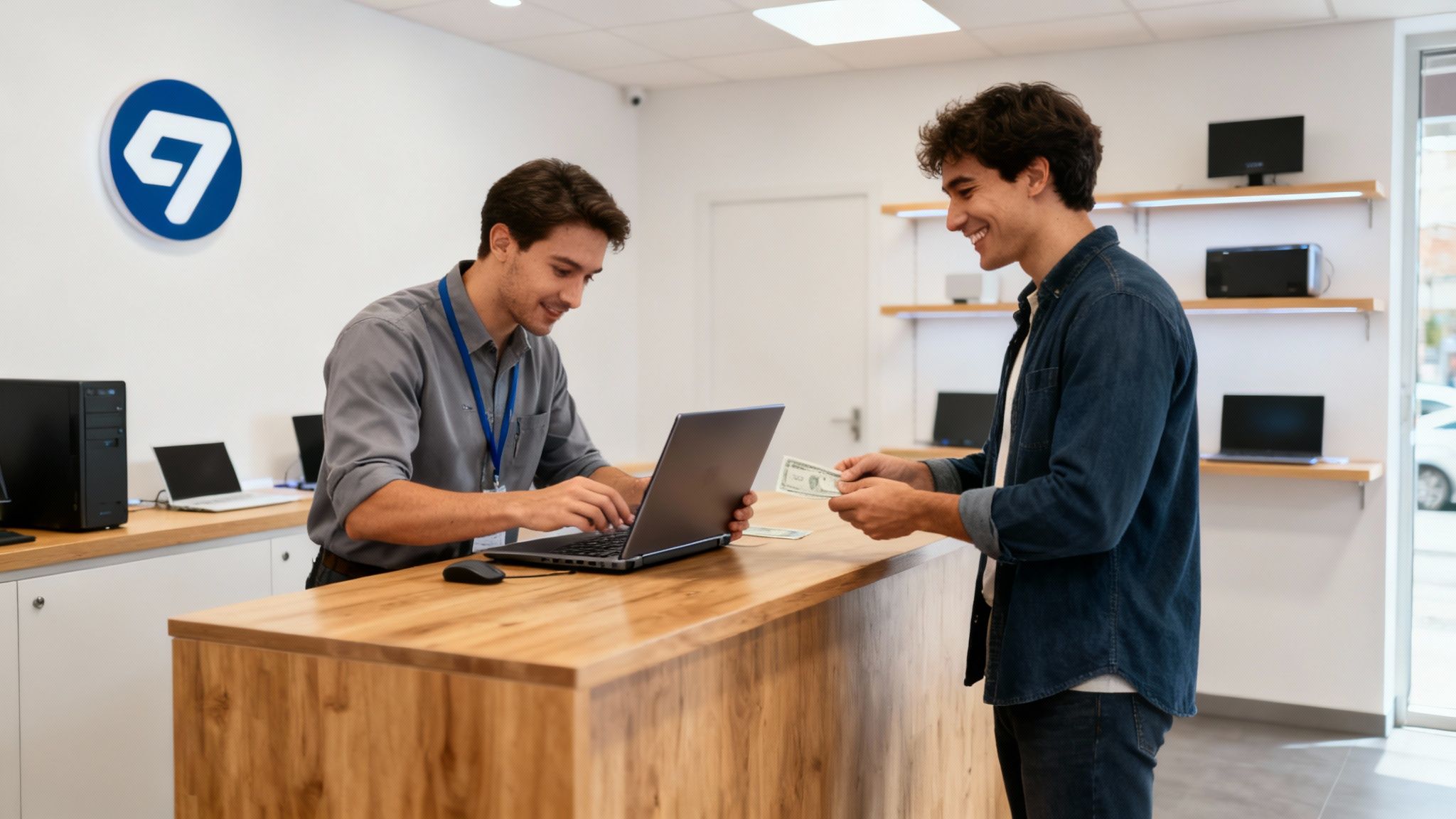 Person handing over an old laptop at a local shop counter