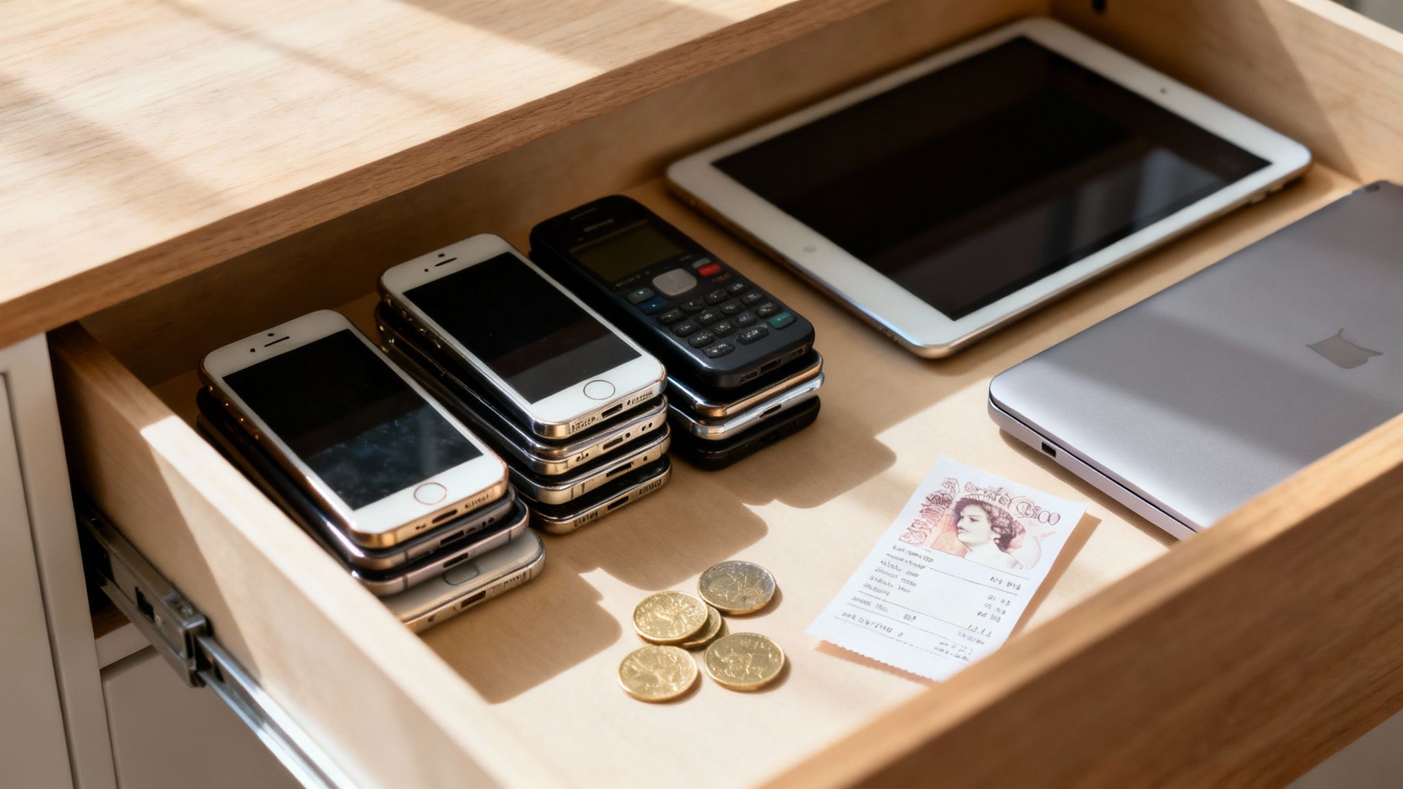 A collection of old electronics like phones, laptops, and cameras piled on a desk.
