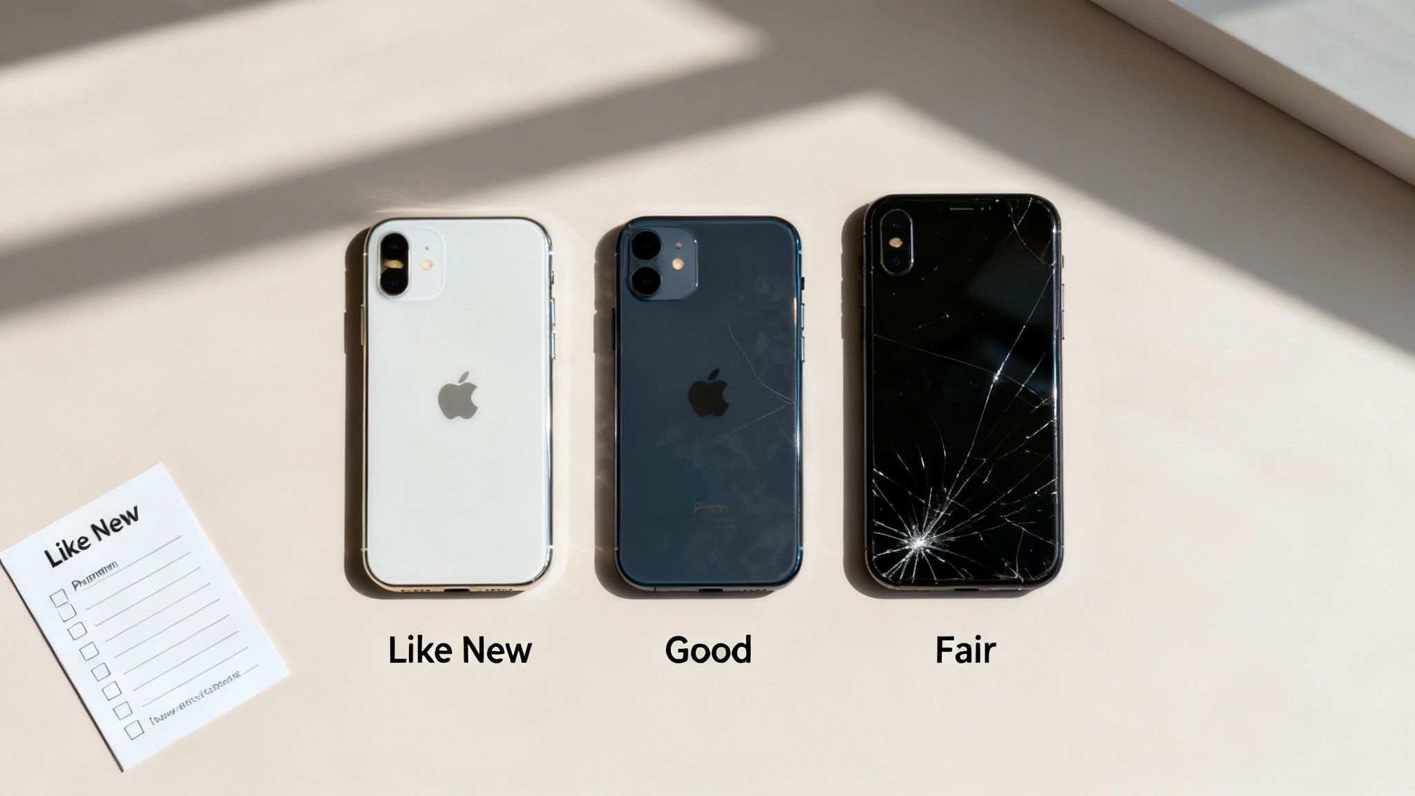 A person examining a smartphone for scratches and checking its screen.