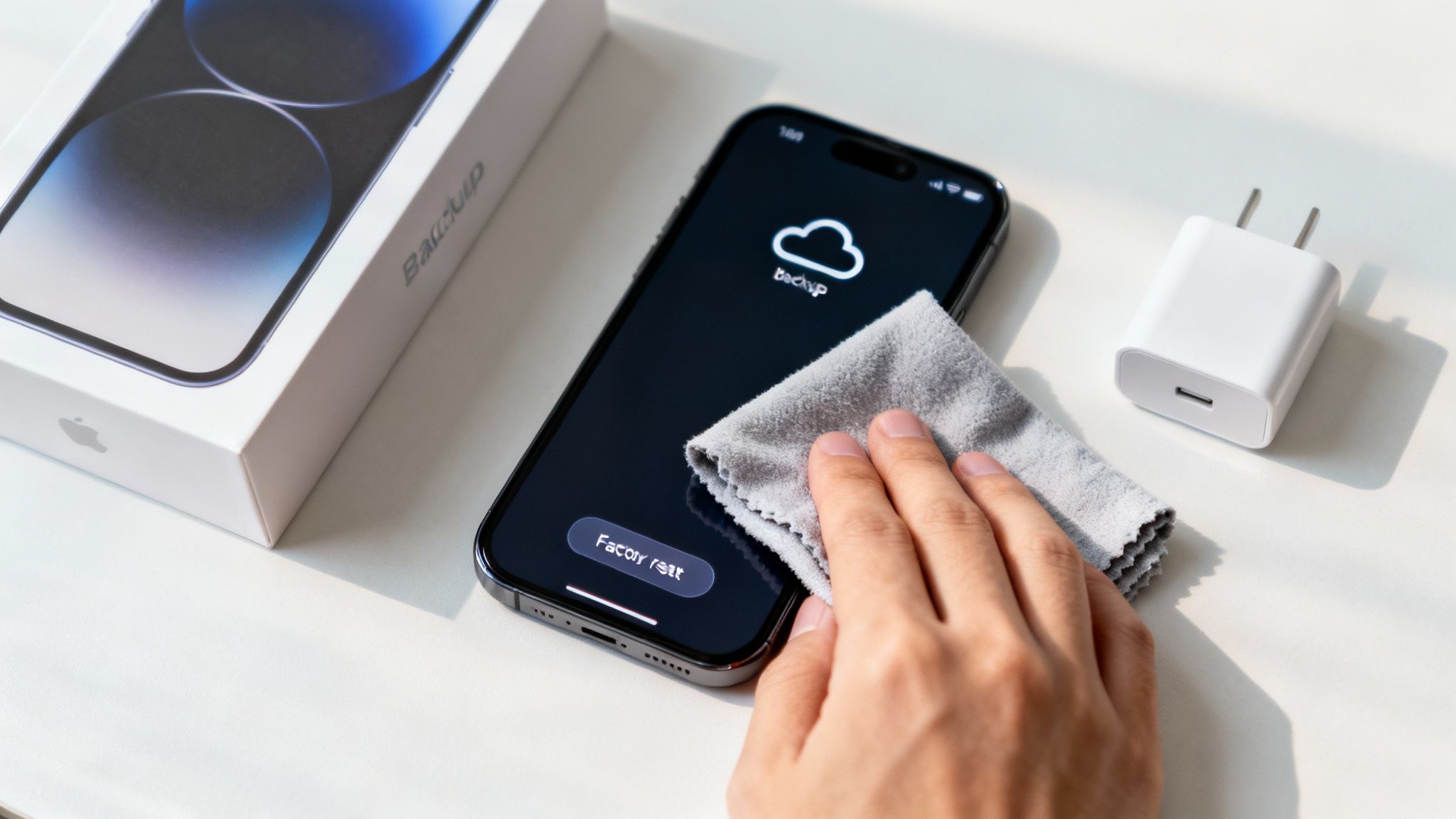 A person holding a smartphone, preparing it for trade-in.