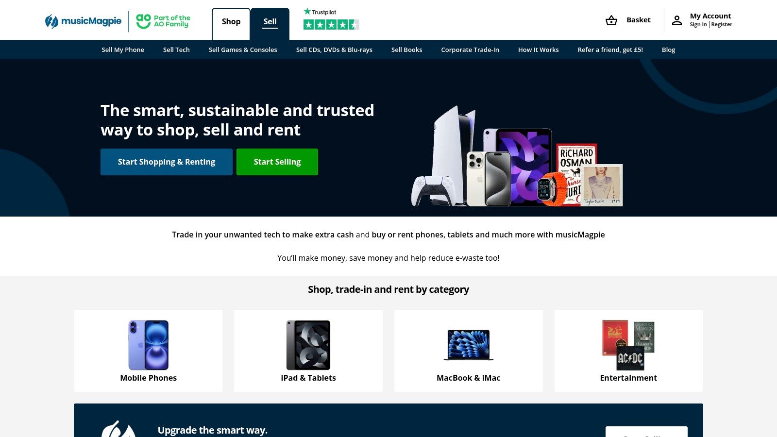 musicMagpie interface showing options to sell tech, CDs, DVDs, and games