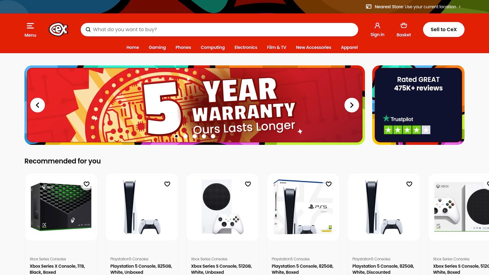 CeX (WeBuy) homepage showing a wide range of electronics categories