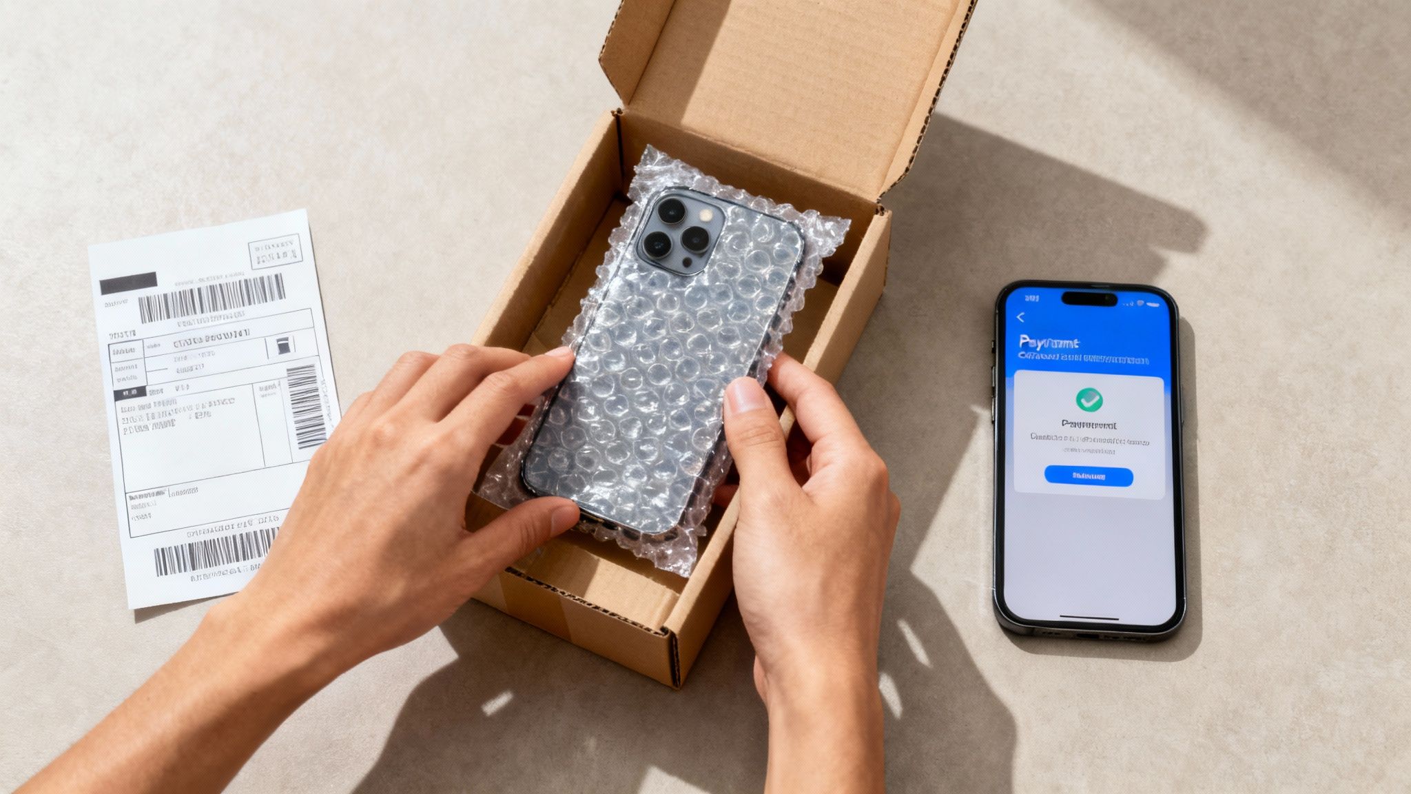 A securely packaged smartphone in a box, ready for shipping.