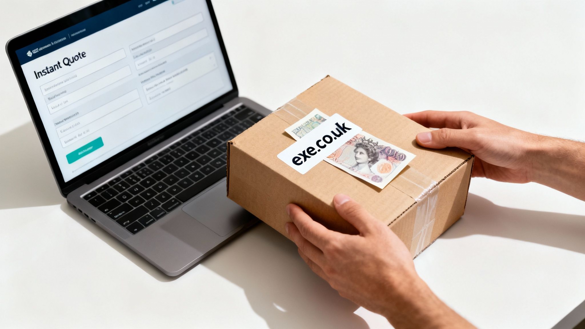 A person securely packaging an old laptop into a cardboard box for shipping.