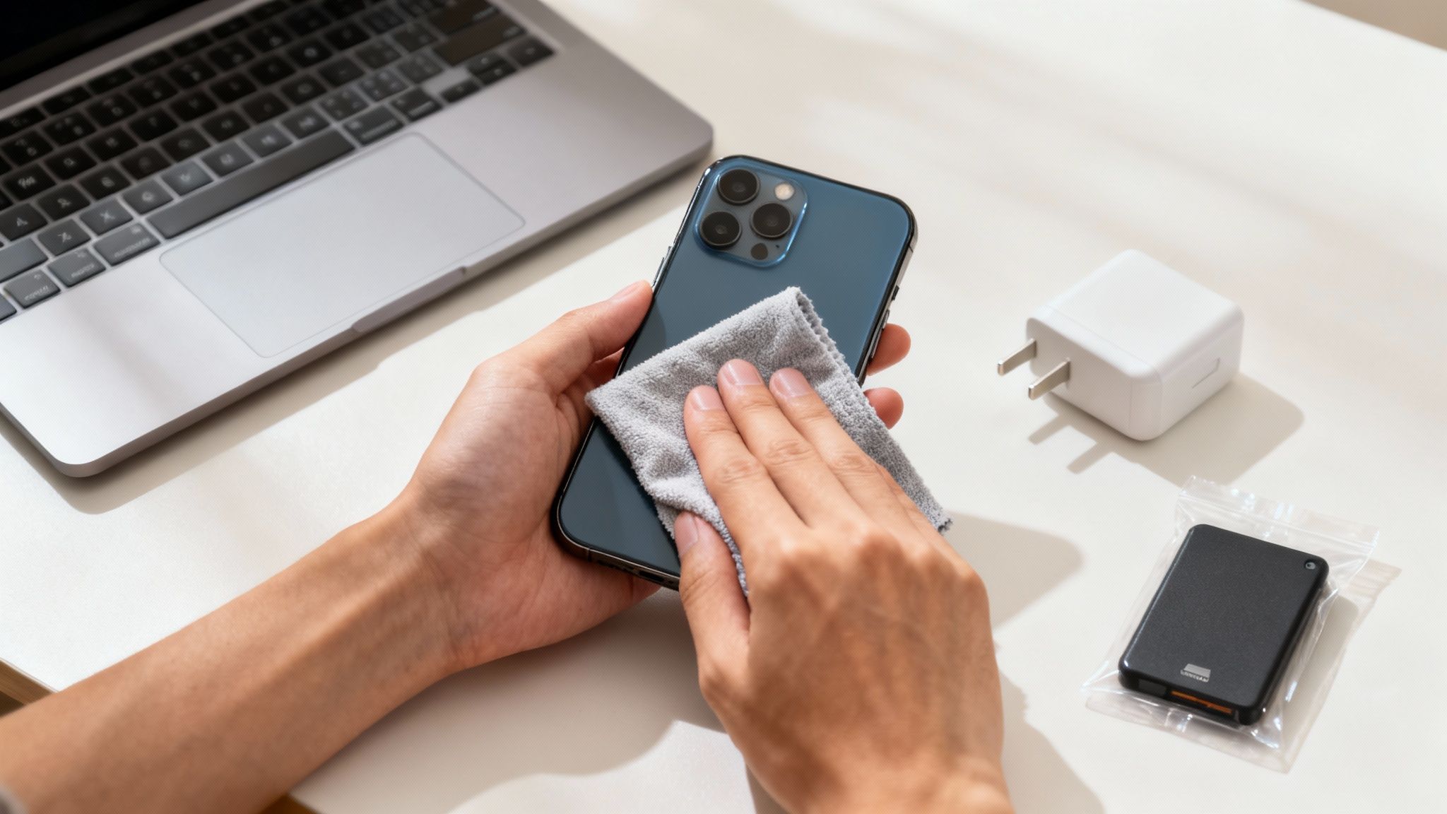 A person wiping the screen of a tablet with a microfibre cloth, preparing it for sale.