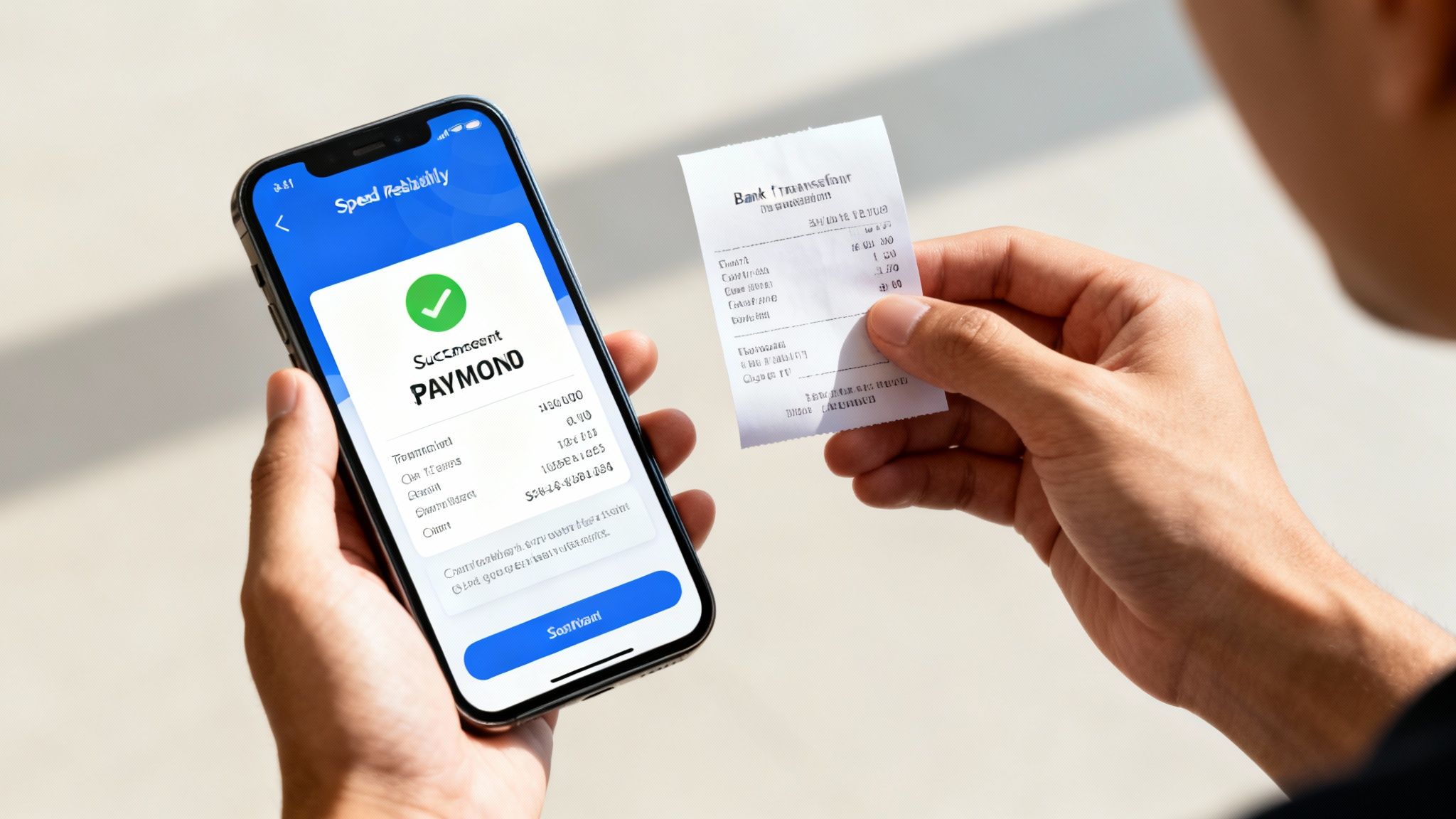A person holding a smartphone displaying a payment confirmation screen, with cash in the background.