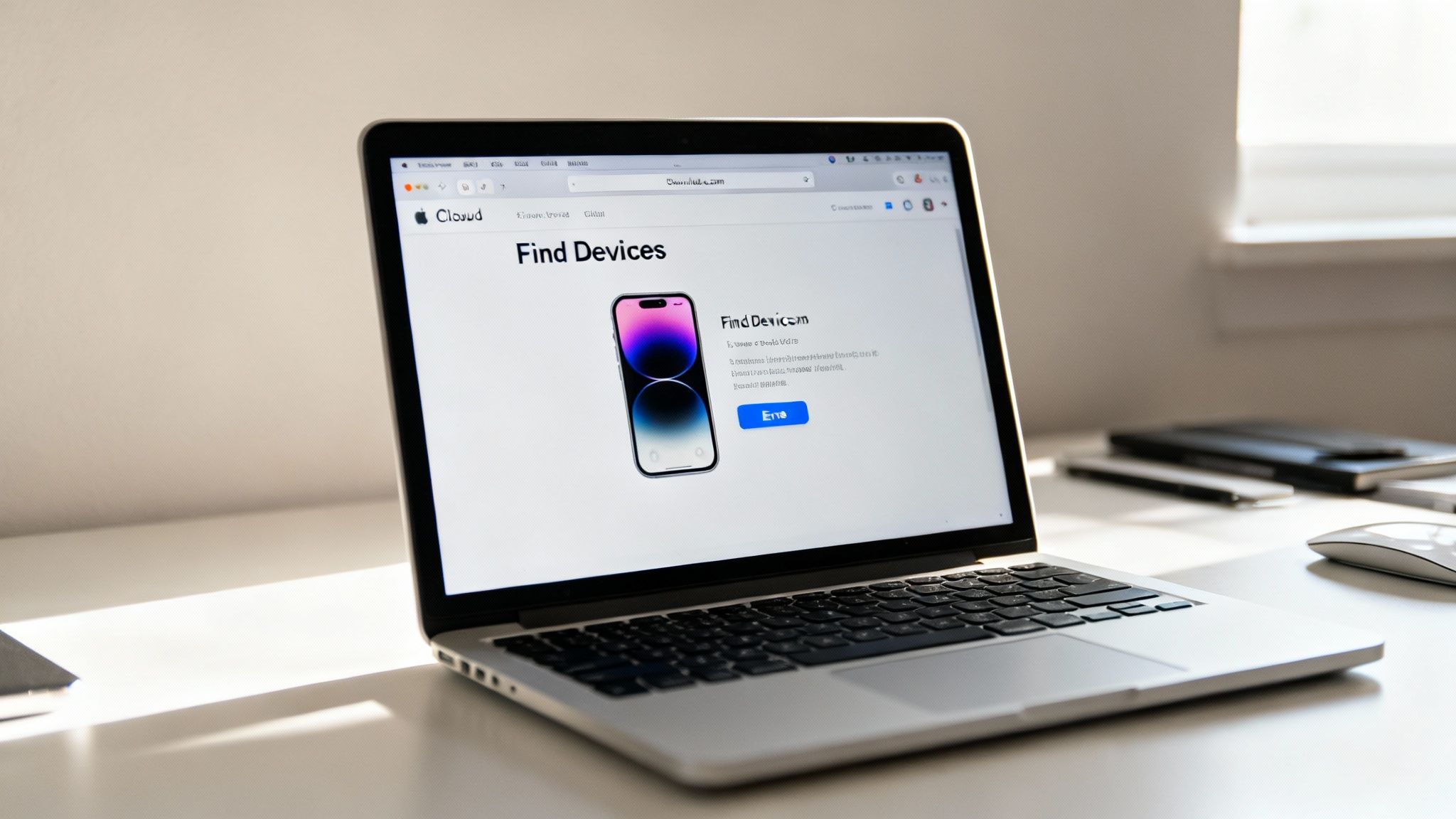 A person using a laptop to remotely access iCloud.com, symbolising remote device management.