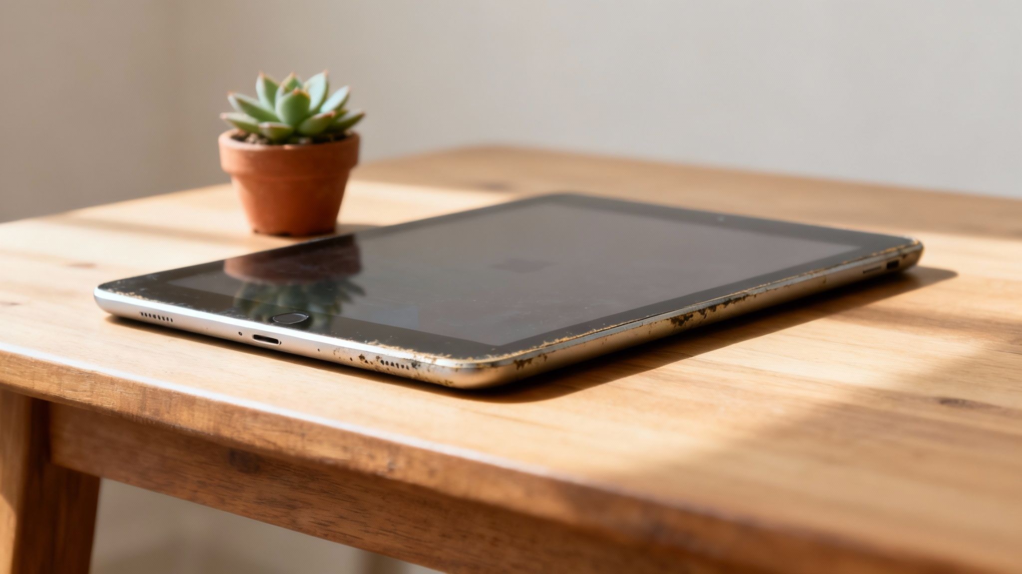 An old iPad sitting on a wooden desk next to a plant, ready for a new purpose.