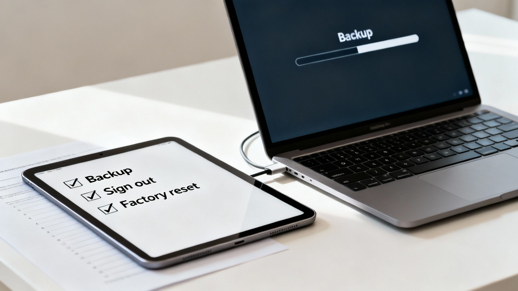 An iPad displaying the factory reset screen, ready for its next owner.