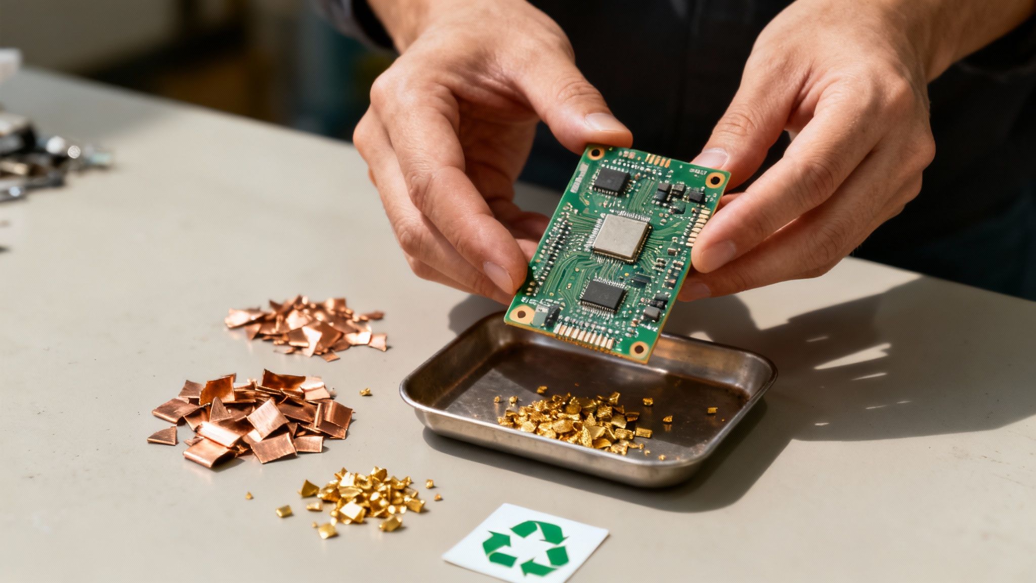 A lush green leaf cradling a collection of old electronic devices, symbolising the environmental benefits of e-waste recycling.