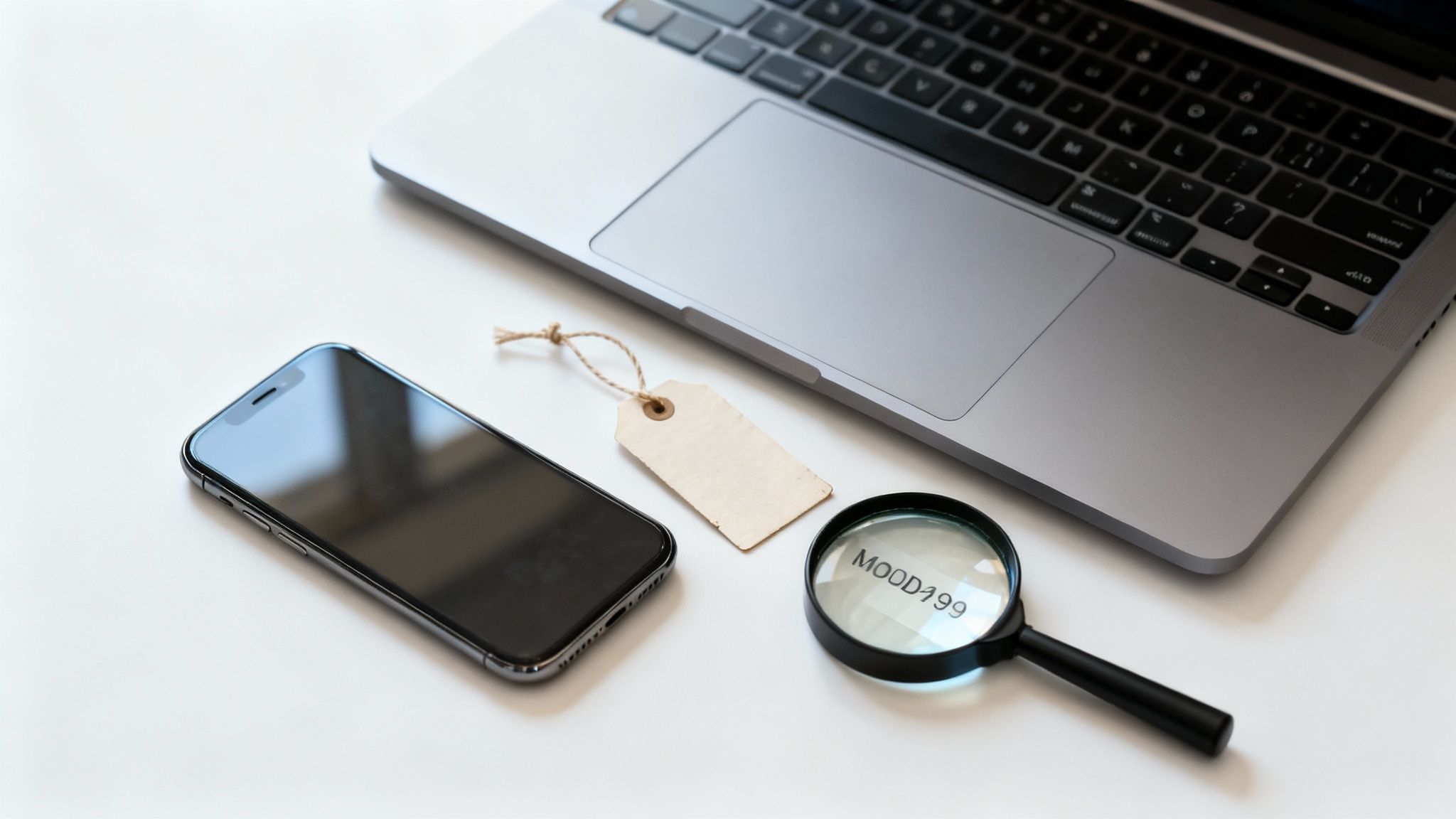 A person holding a smartphone, with a magnifying glass icon and price tag overlaid, indicating a device valuation process.