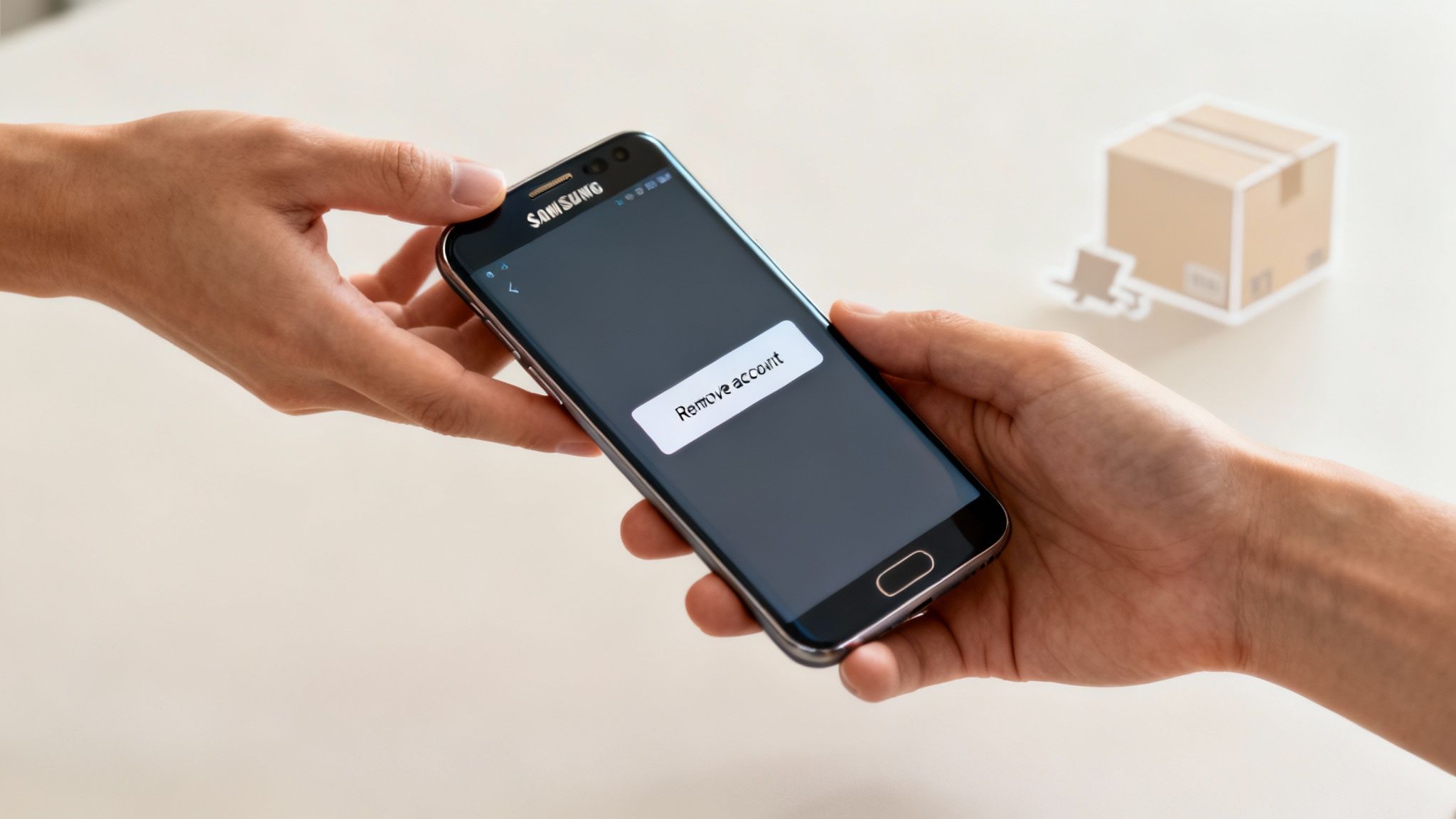 A person thoughtfully looking at their Samsung phone before a reset.