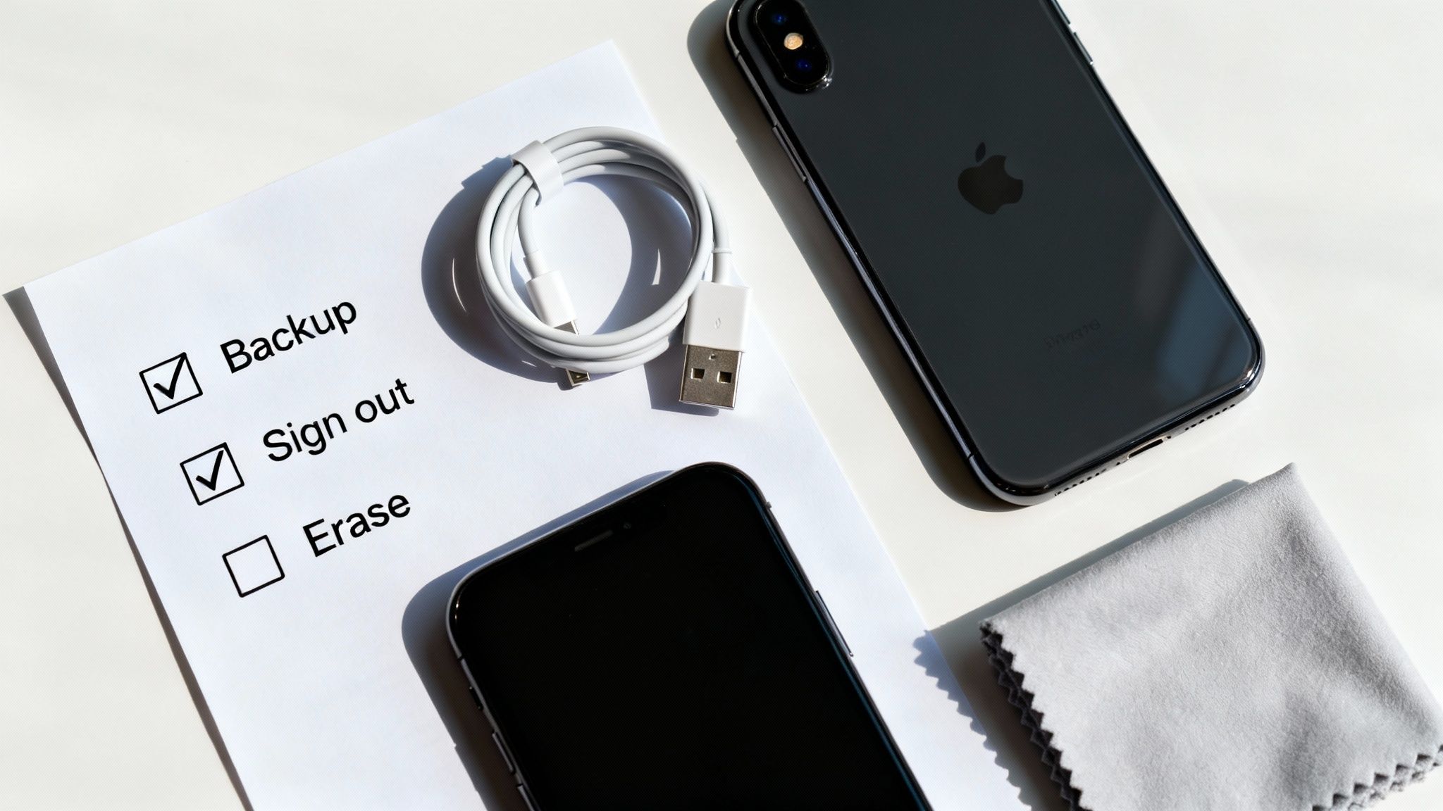 iPhone preparation checklist showing backup and sign out completed before iCloud removal process
