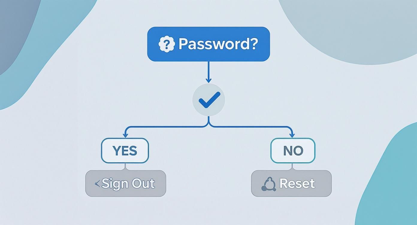 Flowchart diagram showing password verification process with yes or no options leading to sign out or reset