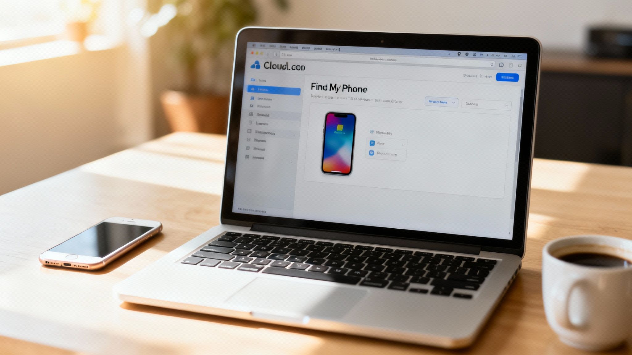 Laptop displaying iCloud Find My Phone interface with iPhone on desk next to smartphone