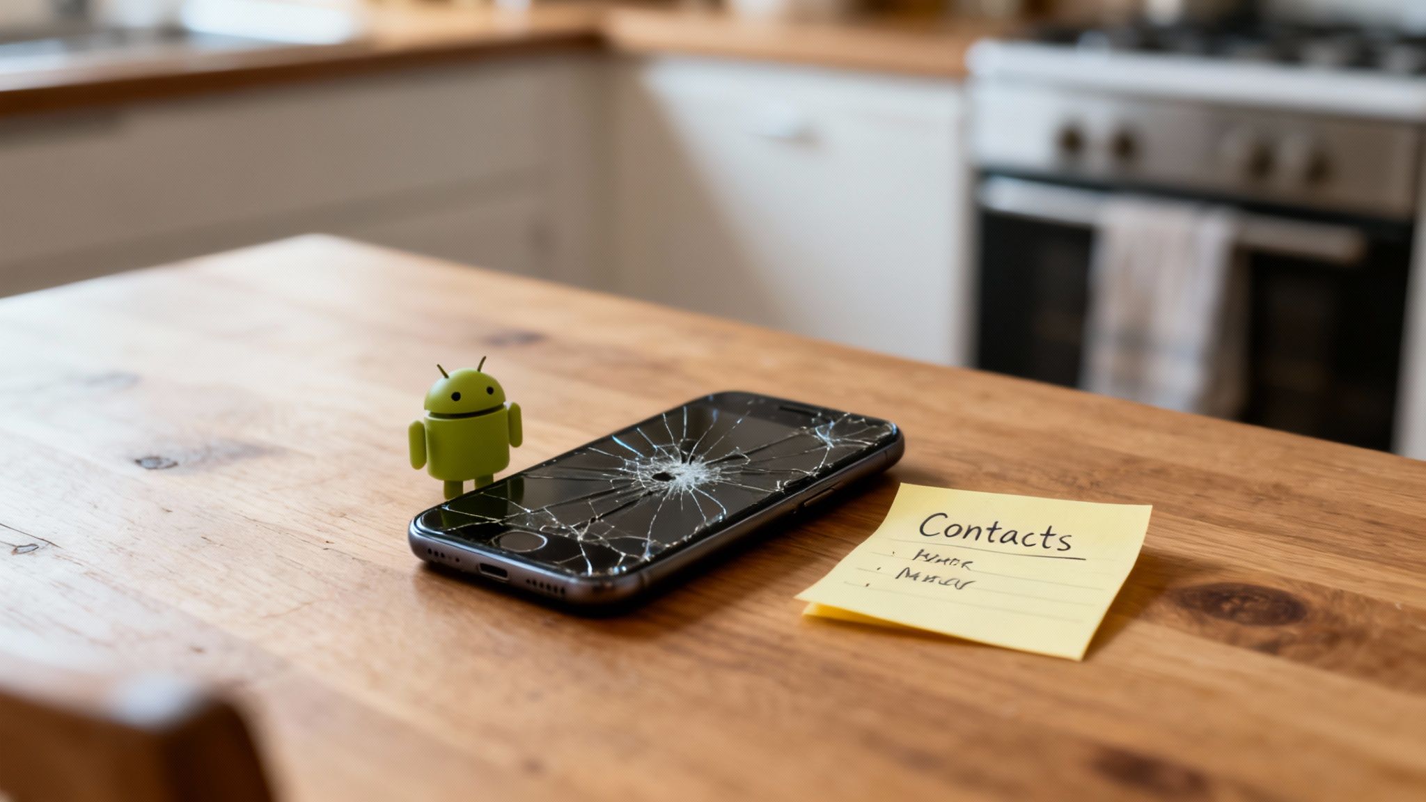 Smartphone with severely cracked screen next to Android mascot and contacts reminder note