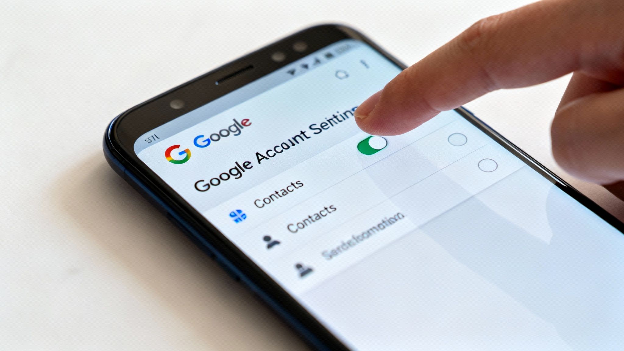 Person touching toggle switch to enable Google Account Settings contacts synchronization on smartphone