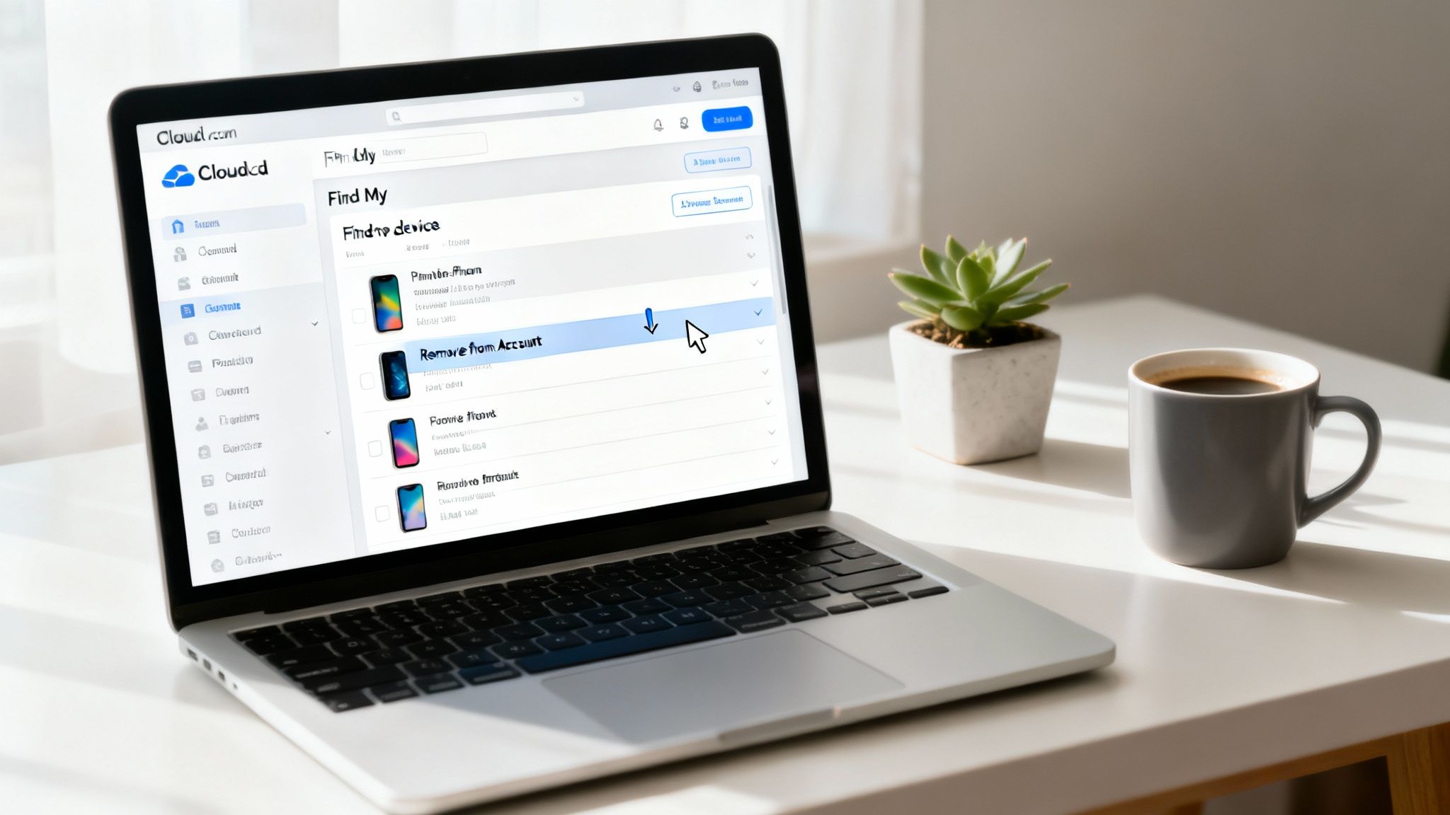 Laptop screen showing Find My device management interface with Remove from Account option highlighted