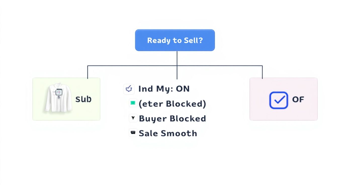 Flowchart showing eBay selling decision tree with indicator settings and buyer blocking options for smooth sales