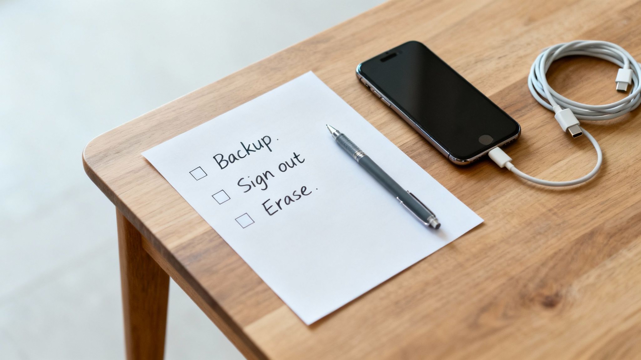 Checklist with backup, sign out, and erase steps next to smartphone and charging cable