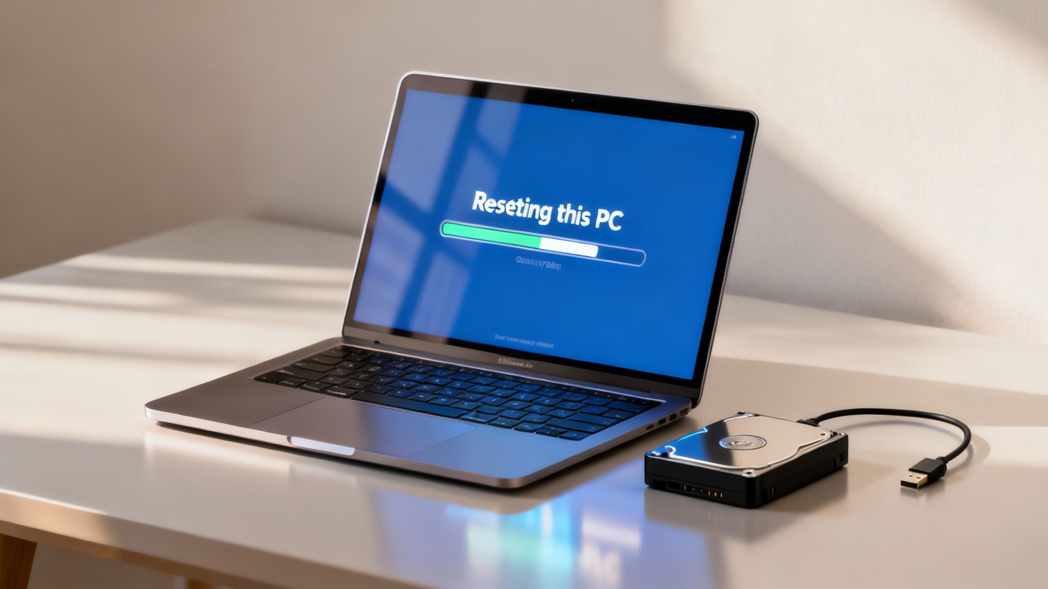 Laptop displaying resetting this PC progress bar with external hard drive connected via USB