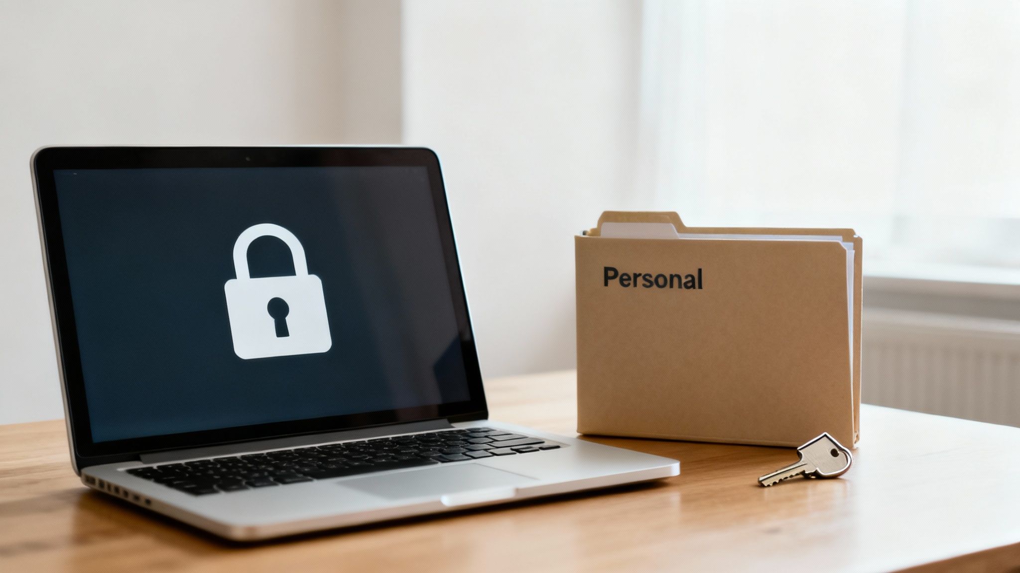 Laptop displaying security lock icon next to personal folder and key representing account protection