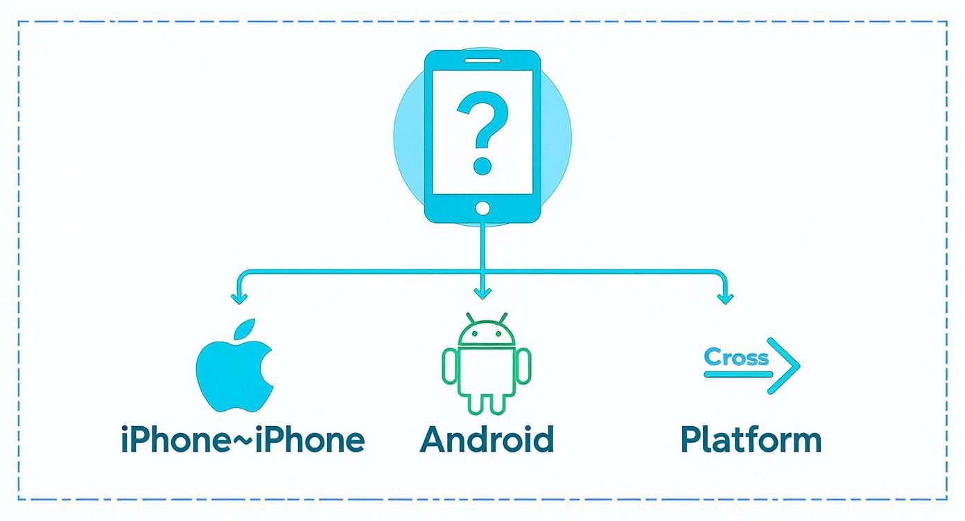 Mobile device displaying question mark with arrows pointing to iPhone, Android, and cross-platform options