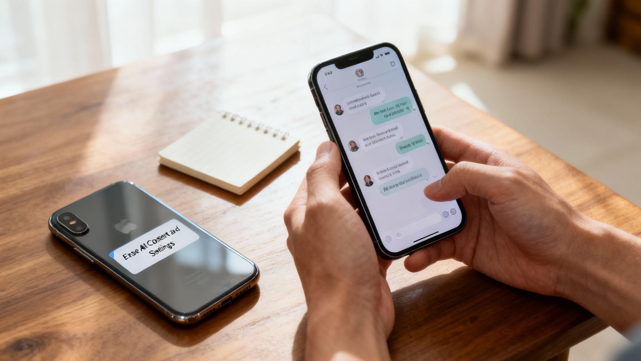 Person holding smartphone viewing text message conversation while transferring data to new phone