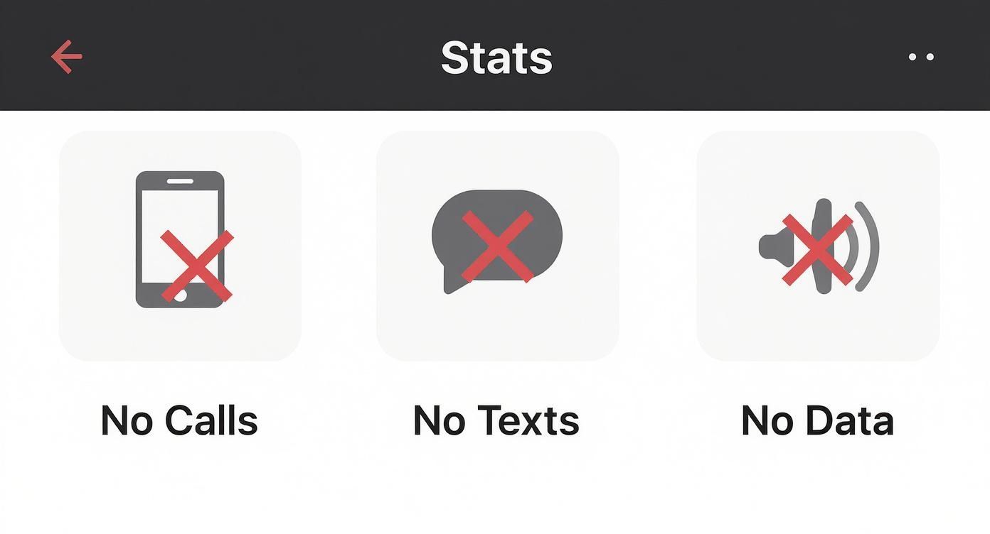 A phone screen displaying 'Stats' with icons for 'No Calls', 'No Texts', and 'No Data', all crossed out.
