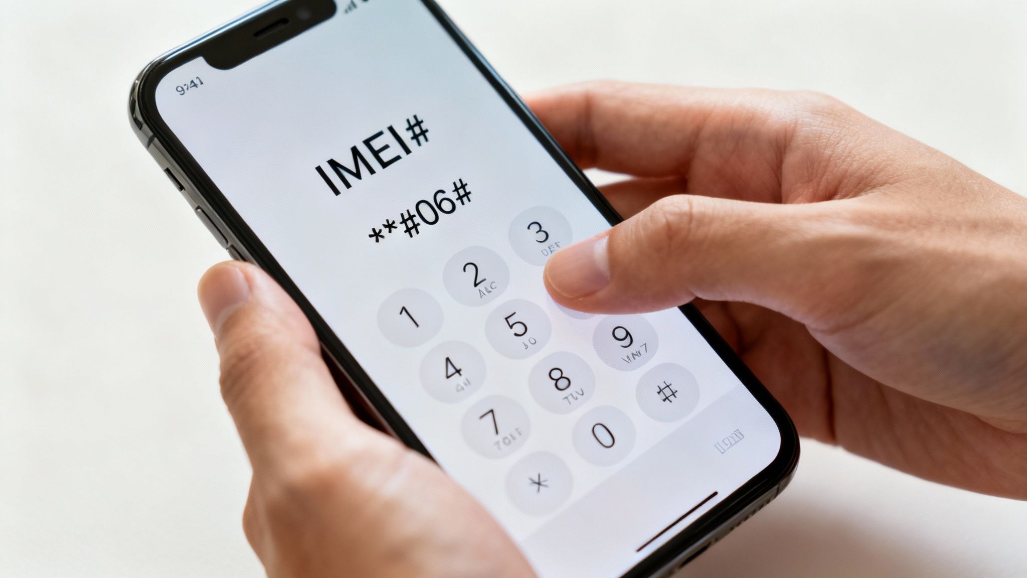 Close-up of hands holding a smartphone, dialing **#06# to display the IMEI number.