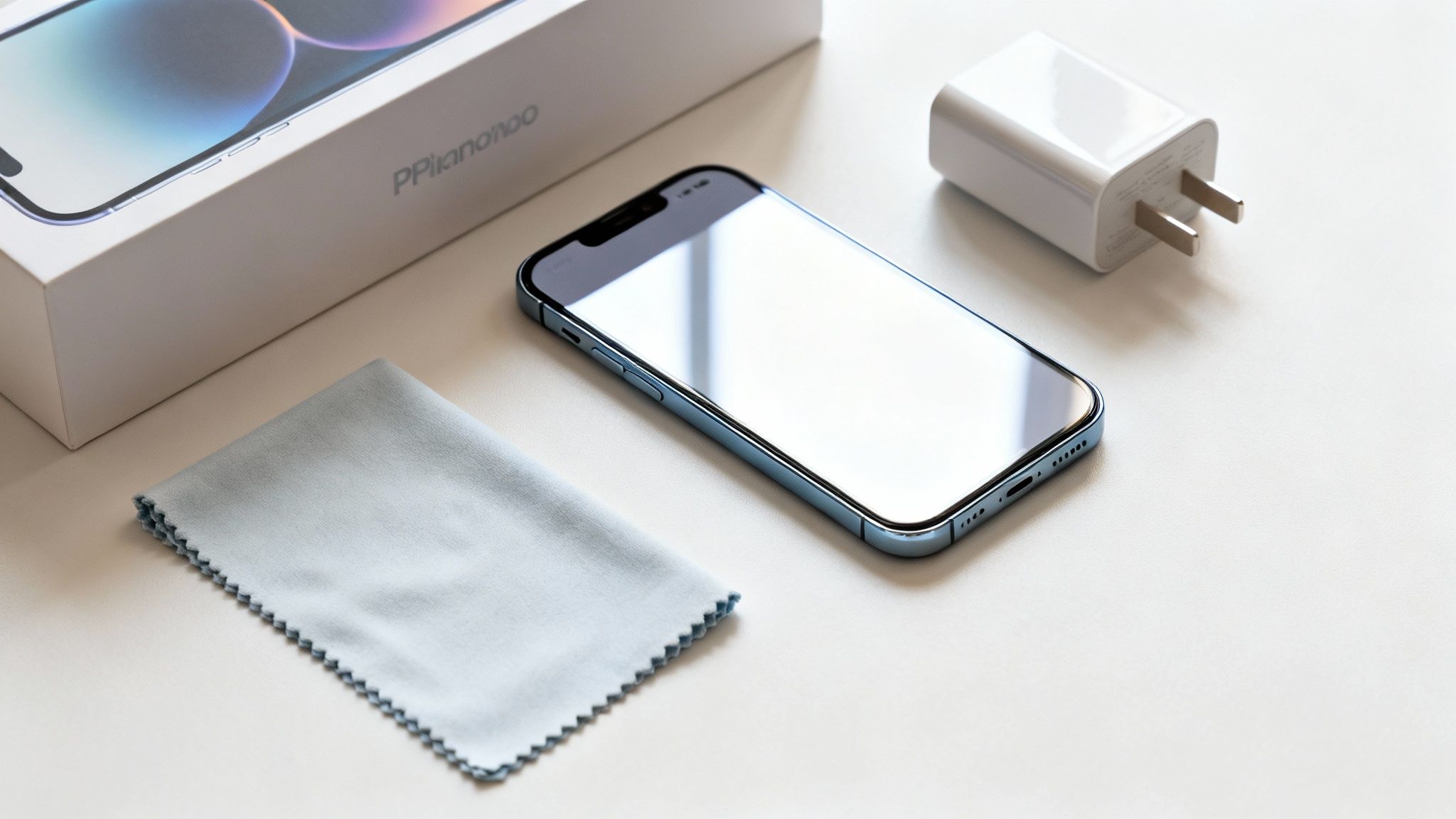 A new light blue iPhone, its box, power adapter, and cleaning cloth are arranged on a white surface.