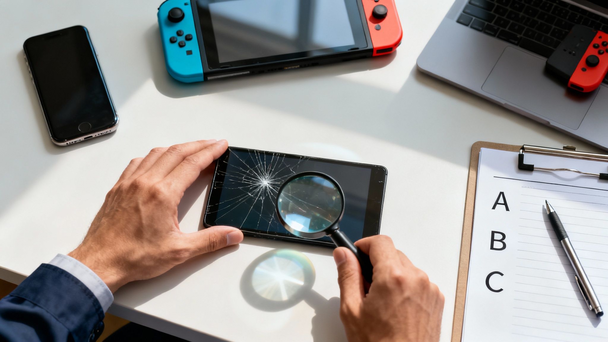 A person uses a magnifying glass to inspect a smartphone with a cracked screen amidst other electronics.