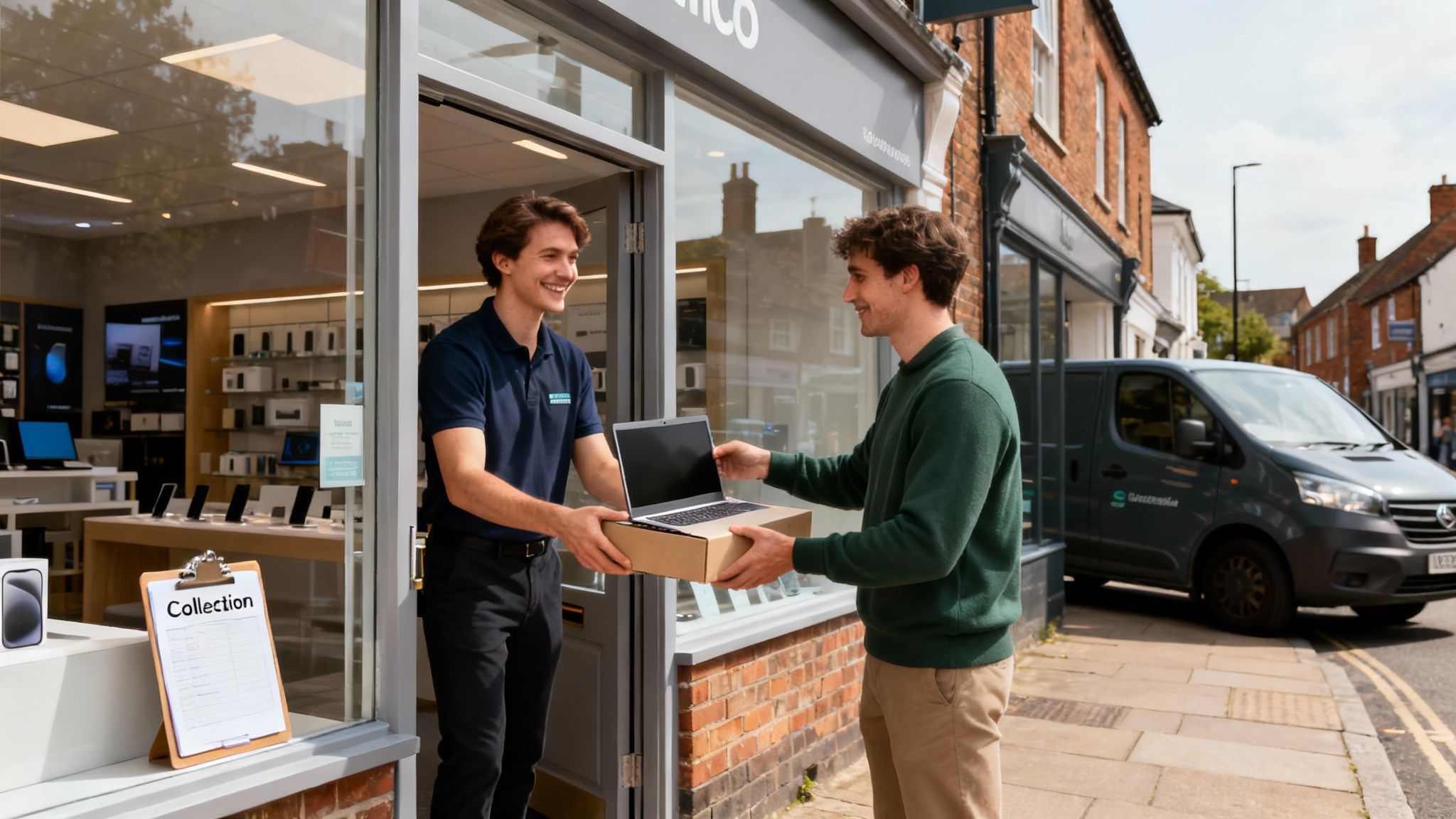 Store employee hands a boxed laptop to a smiling customer outside an electronics shop.
