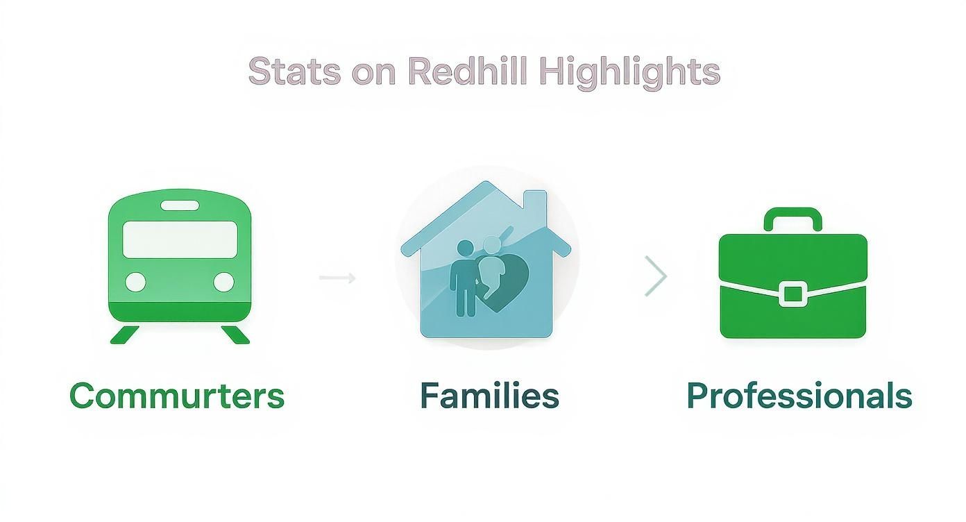 Redhill highlights infographic detailing commuters, families, and professionals with descriptive icons.