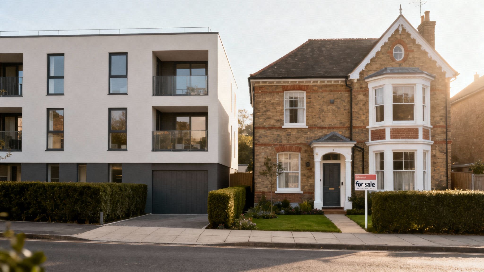 Modern white apartment building stands next to a traditional brick house with a 'for sale' sign.