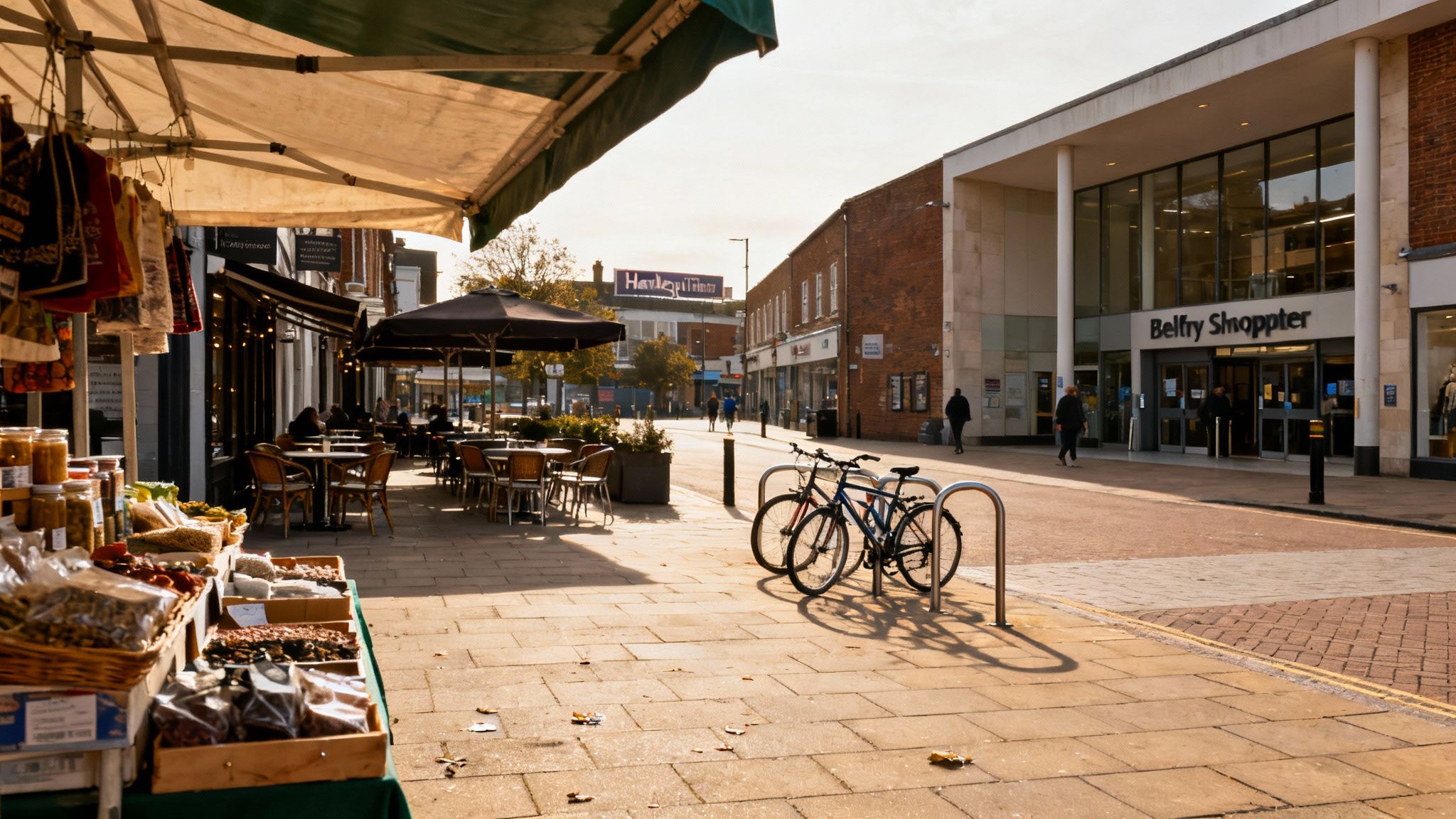 A sunny street scene with market stalls, outdoor cafes, and a shopping center in Redhill, UK.