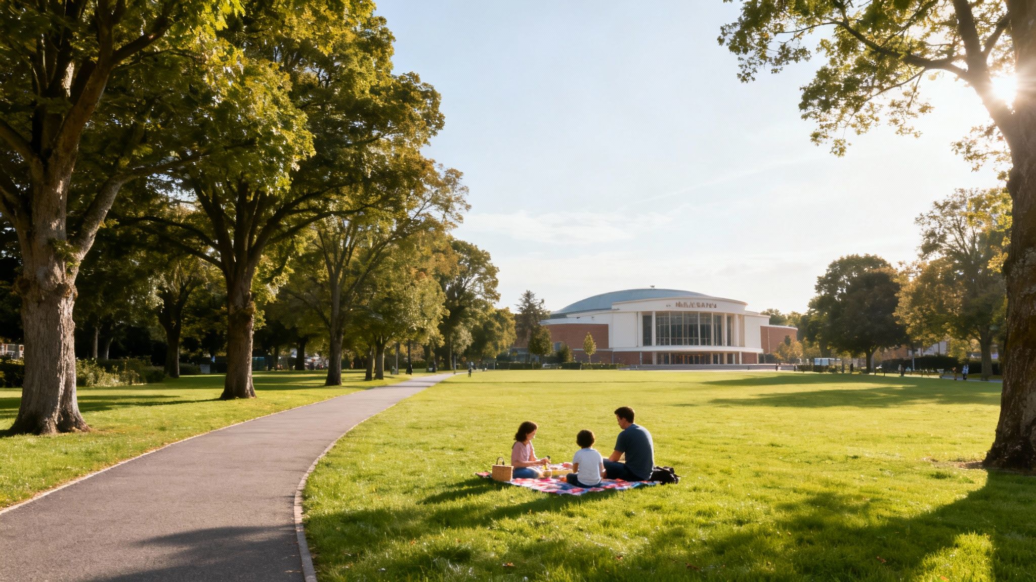 A family enjoys a sunny picnic on a grassy lawn with trees and a large building in the background.