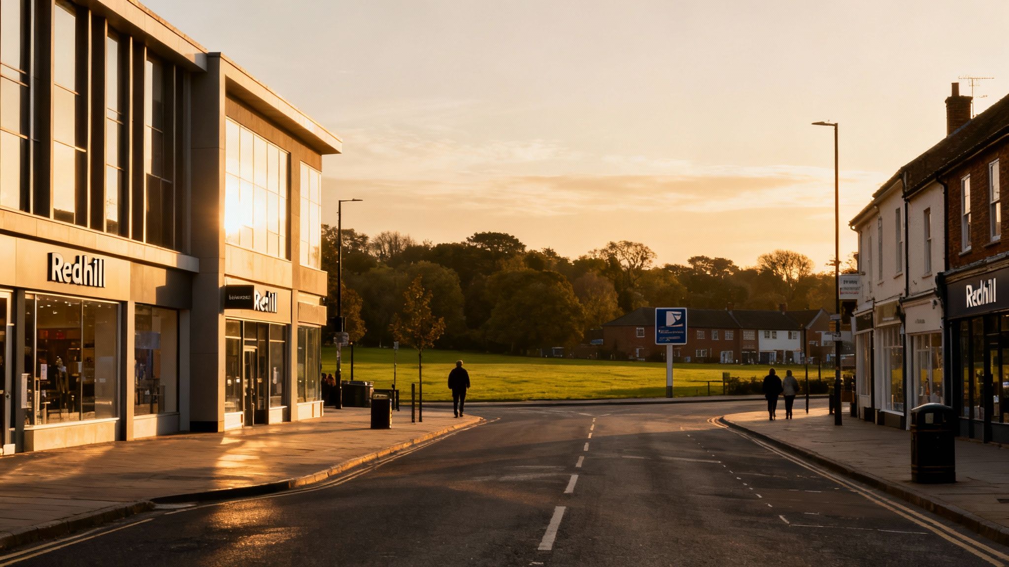 A golden hour street scene in Redhill, England, showing buildings, a road, and people.