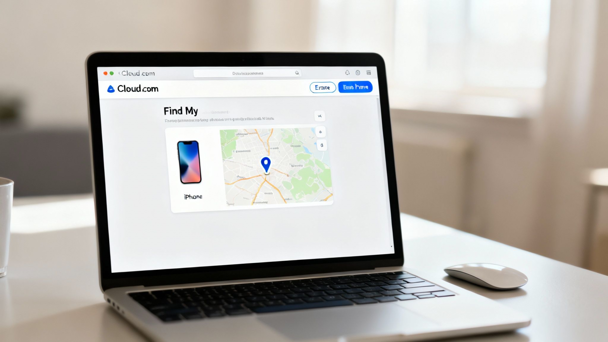 Laptop screen displaying the 'Find My' application with an iPhone image and a location map, on a desk.