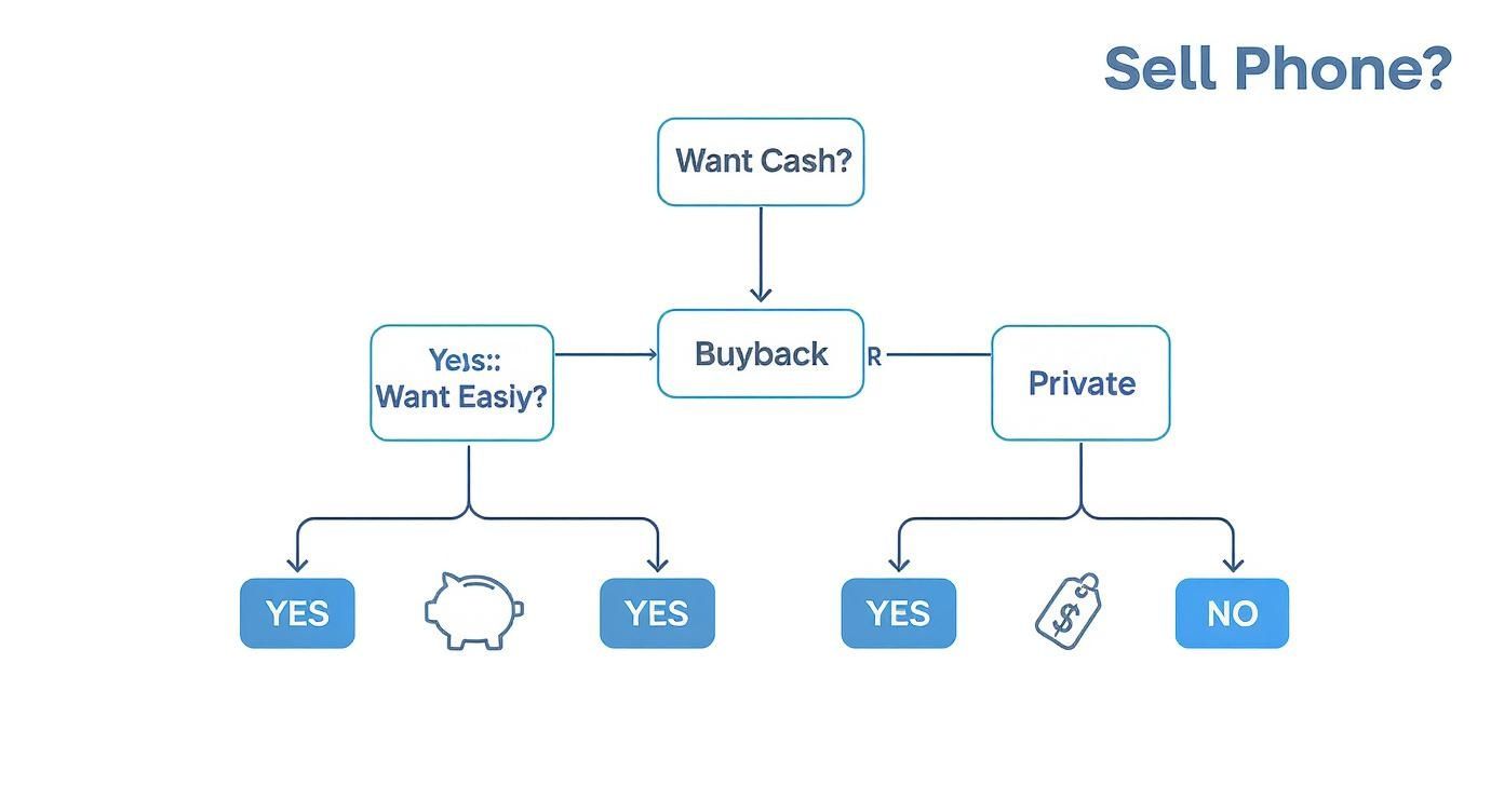A flowchart titled 'Sell Phone?' illustrating options for selling a phone via buyback or private sale.