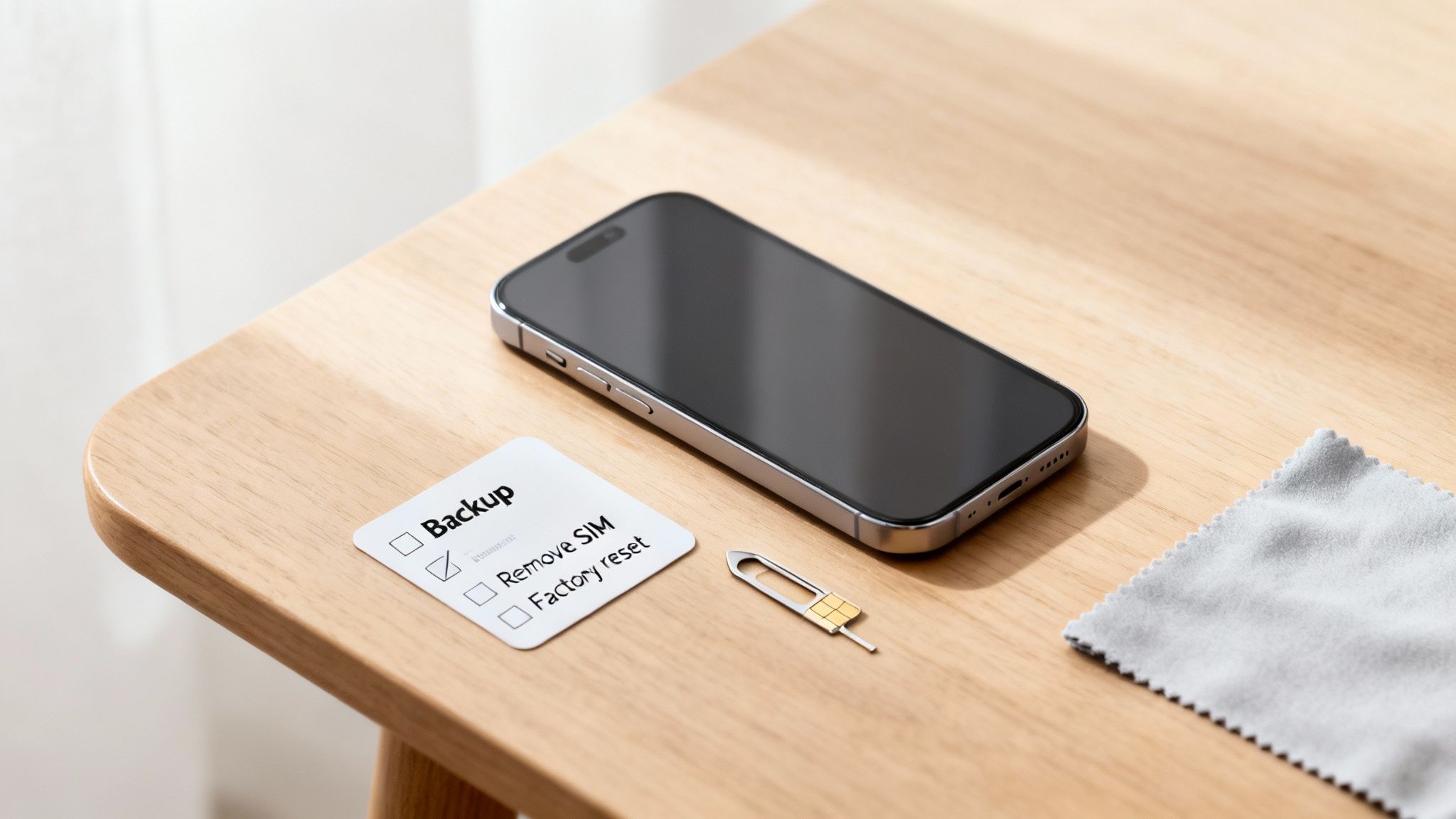 A smartphone, SIM ejector tool, cleaning cloth, and a checklist for phone preparation on a wooden table.