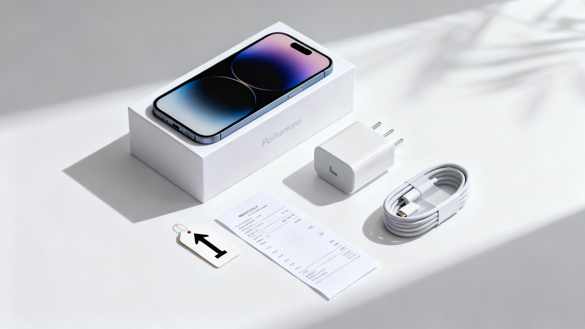 A new iPhone 14 Pro box with the phone, charger, cable, receipt, and price tag on a white surface.