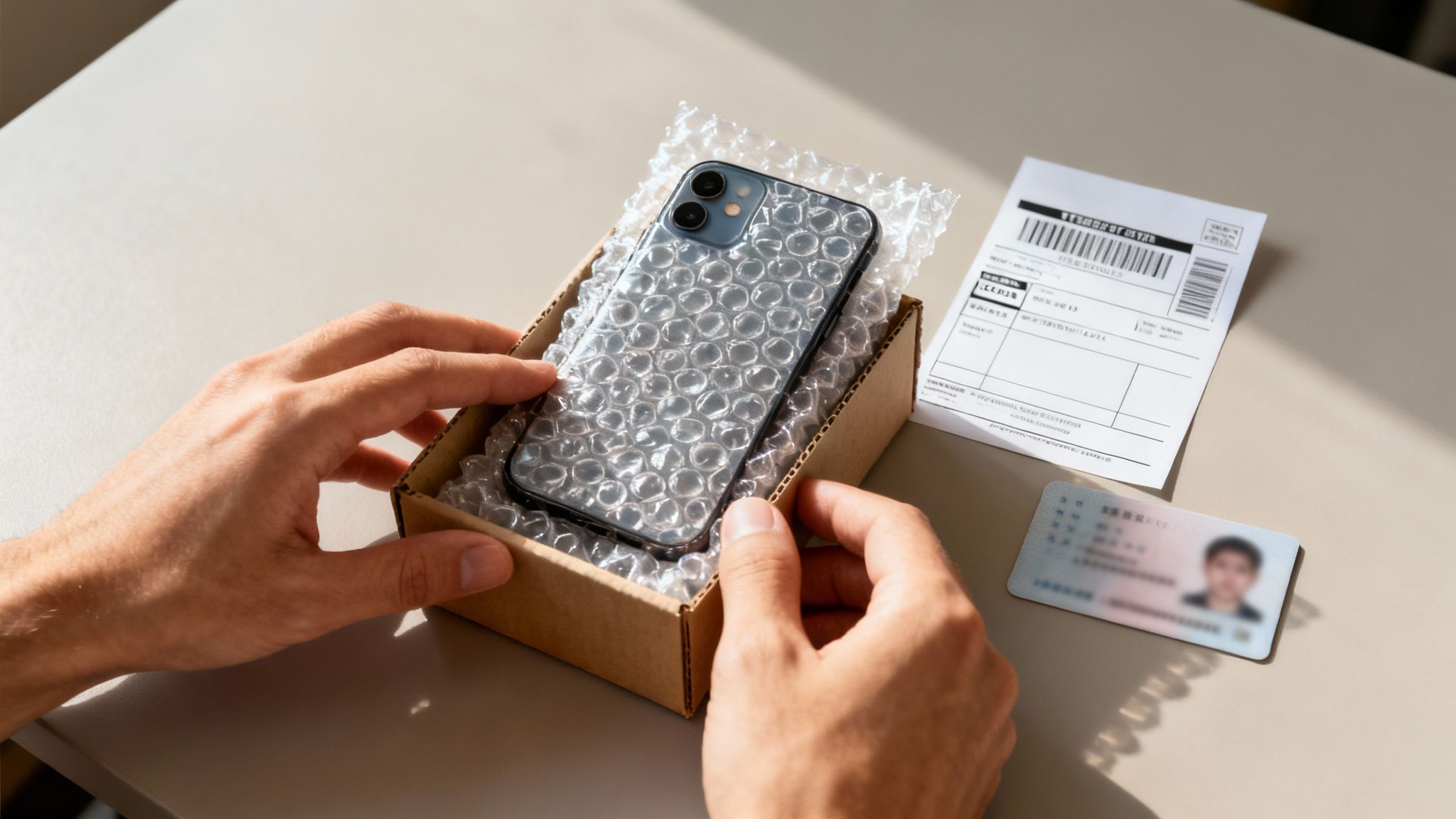 Hands unboxing a blue smartphone wrapped in bubble wrap from a cardboard box on a table.