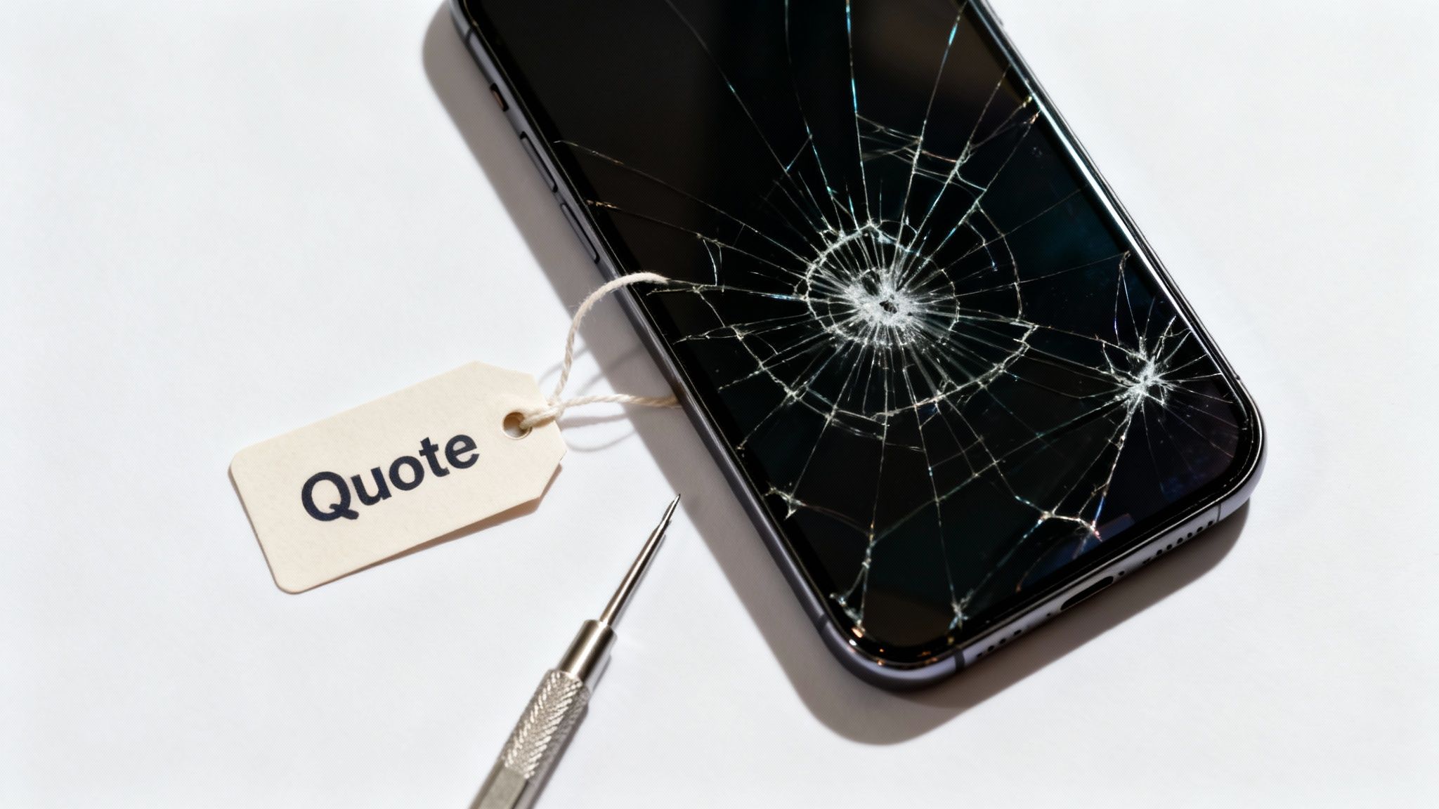 A broken smartphone with a shattered screen, a price tag saying "Quote", and a small screwdriver.