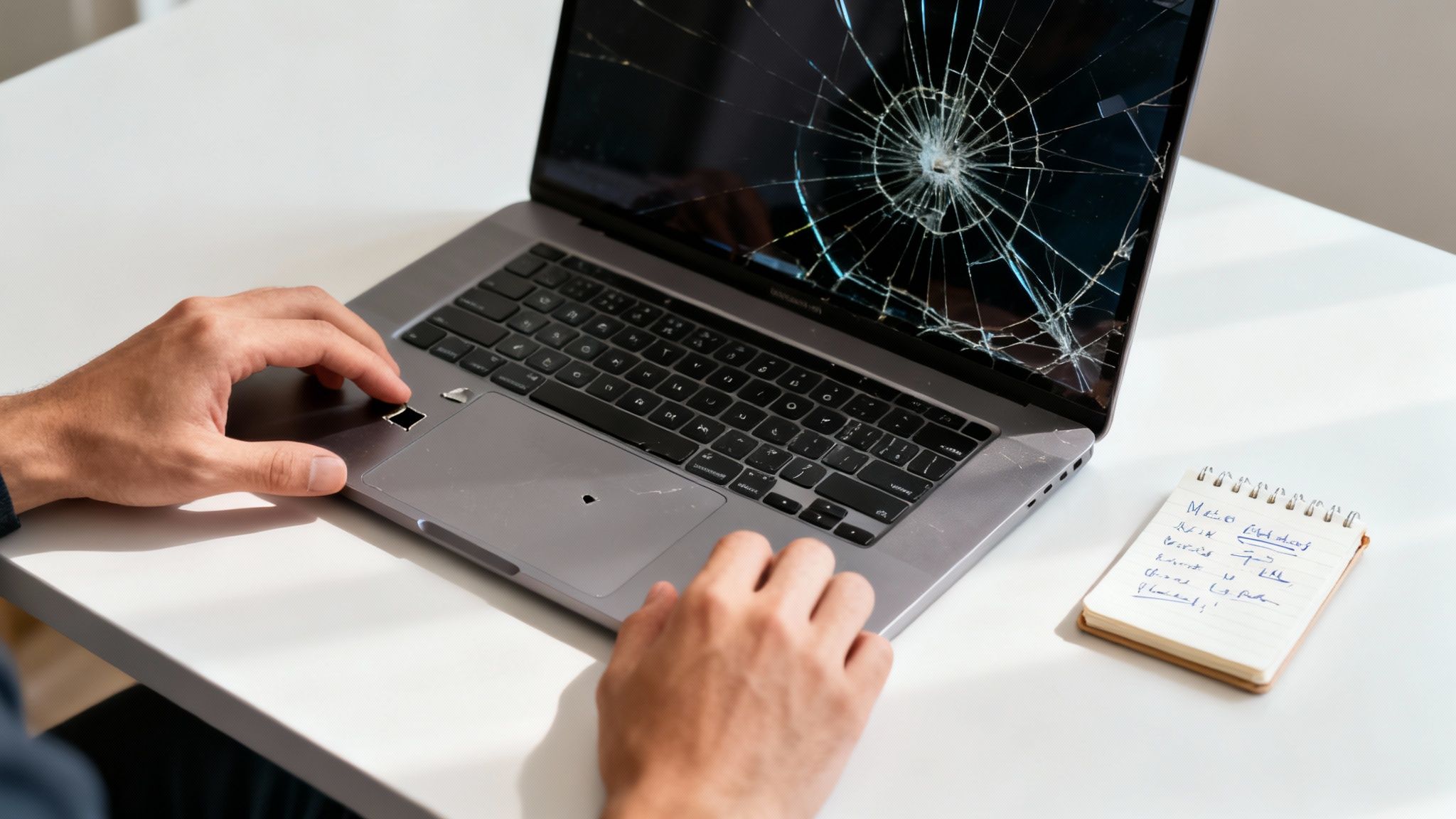 Close-up of a person's hands on a laptop with a severely cracked screen, indicating damage.