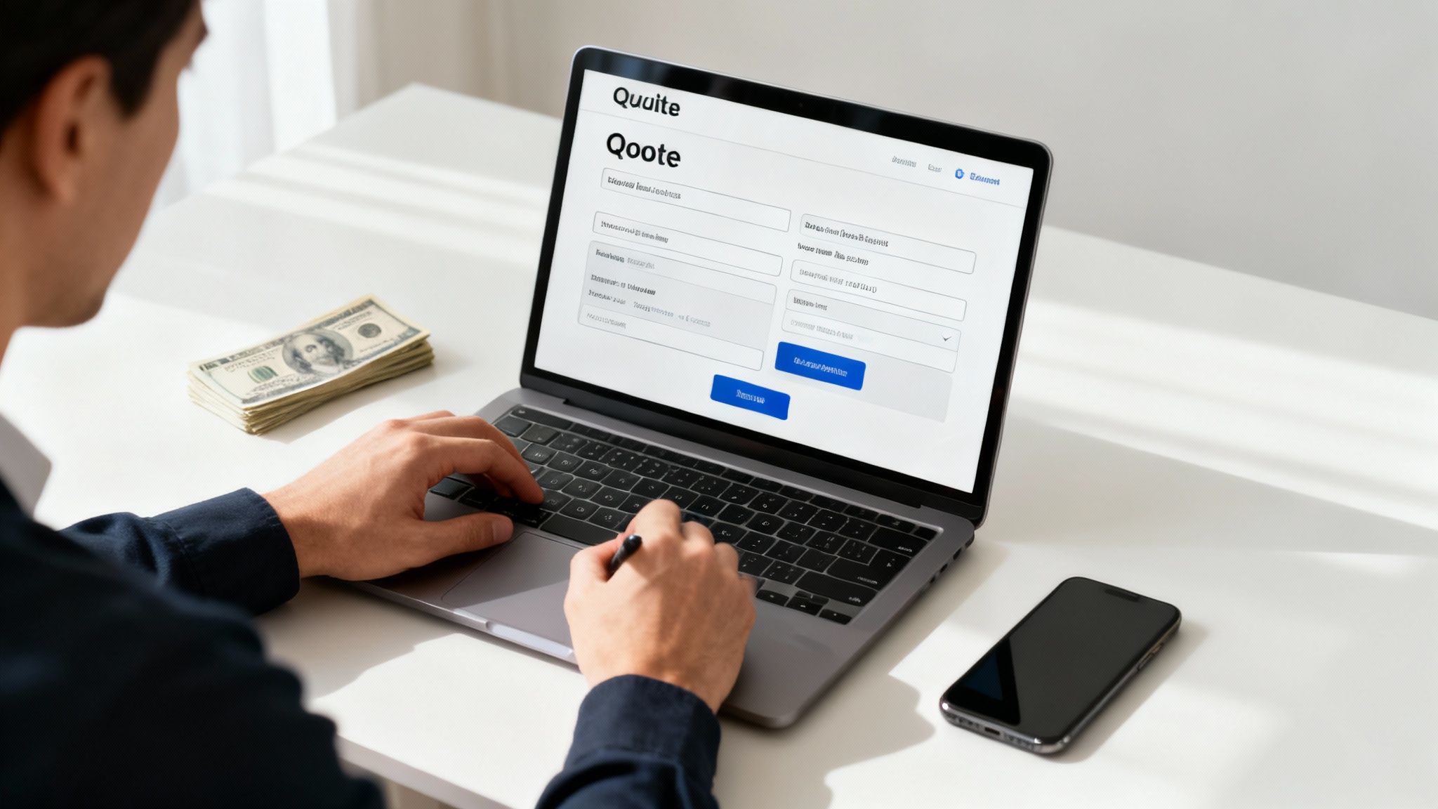 A person types on a laptop with a form on screen, next to a stack of cash.