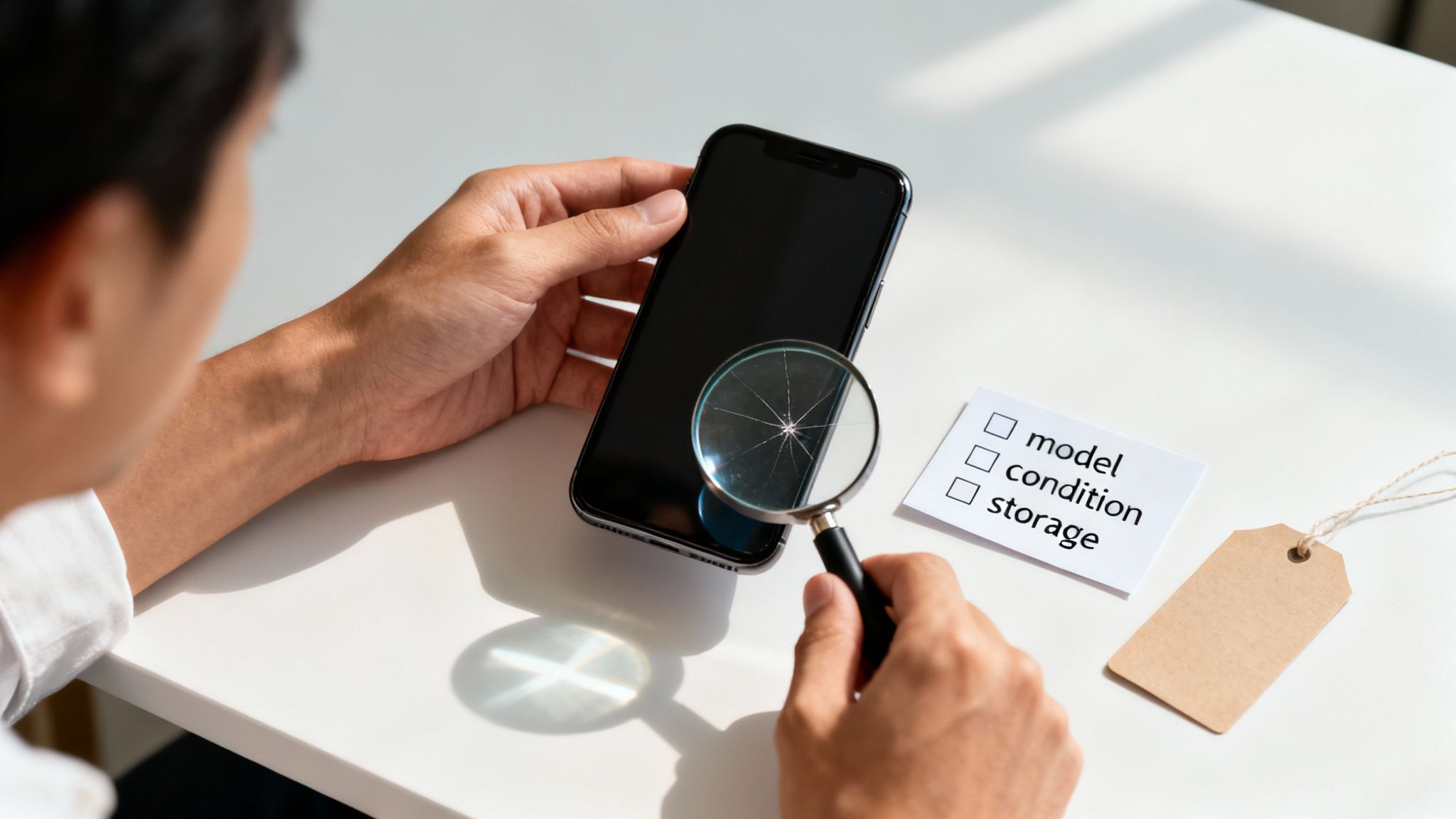 Person uses magnifying glass to inspect a smartphone's condition, next to a checklist and blank tag.