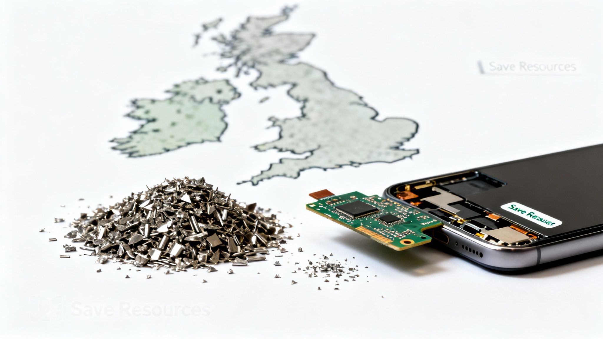 A disassembled smartphone, its circuit board, a pile of metallic fragments, and a UK map, highlighting e-waste recycling.