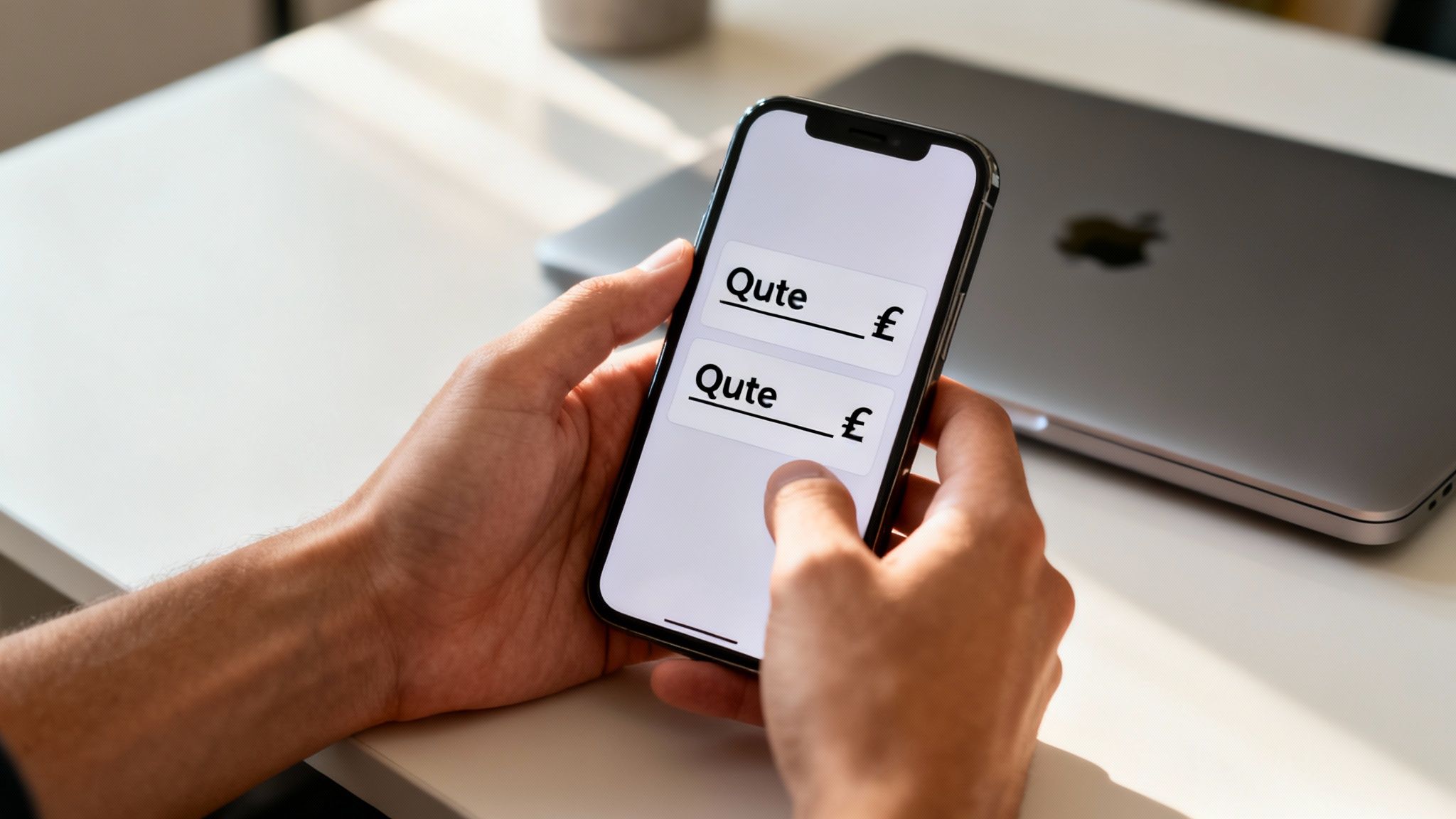 Hands hold a smartphone displaying a financial app with 'Qute' and pound symbols, with a MacBook in the background.